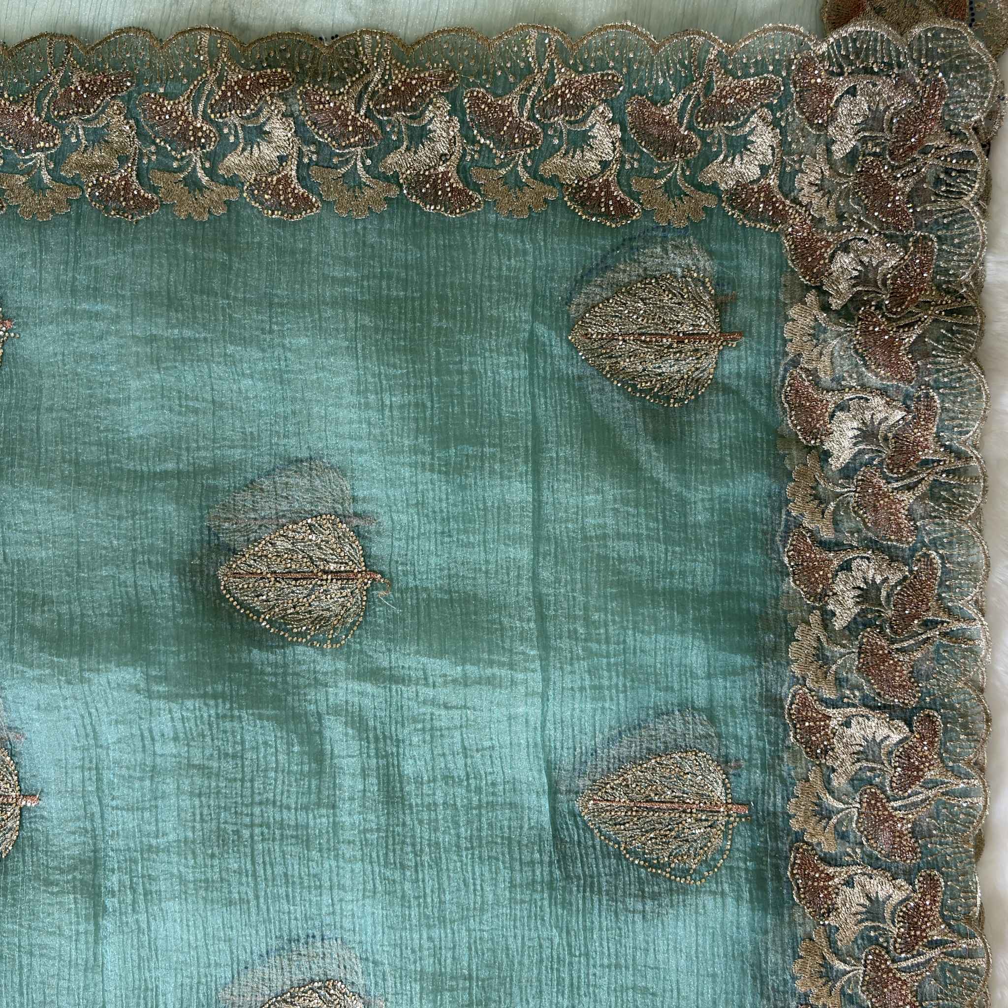 Teal Tissue Silk Saree with Leaf Motifs | Designer Party Wear Saree for Women
