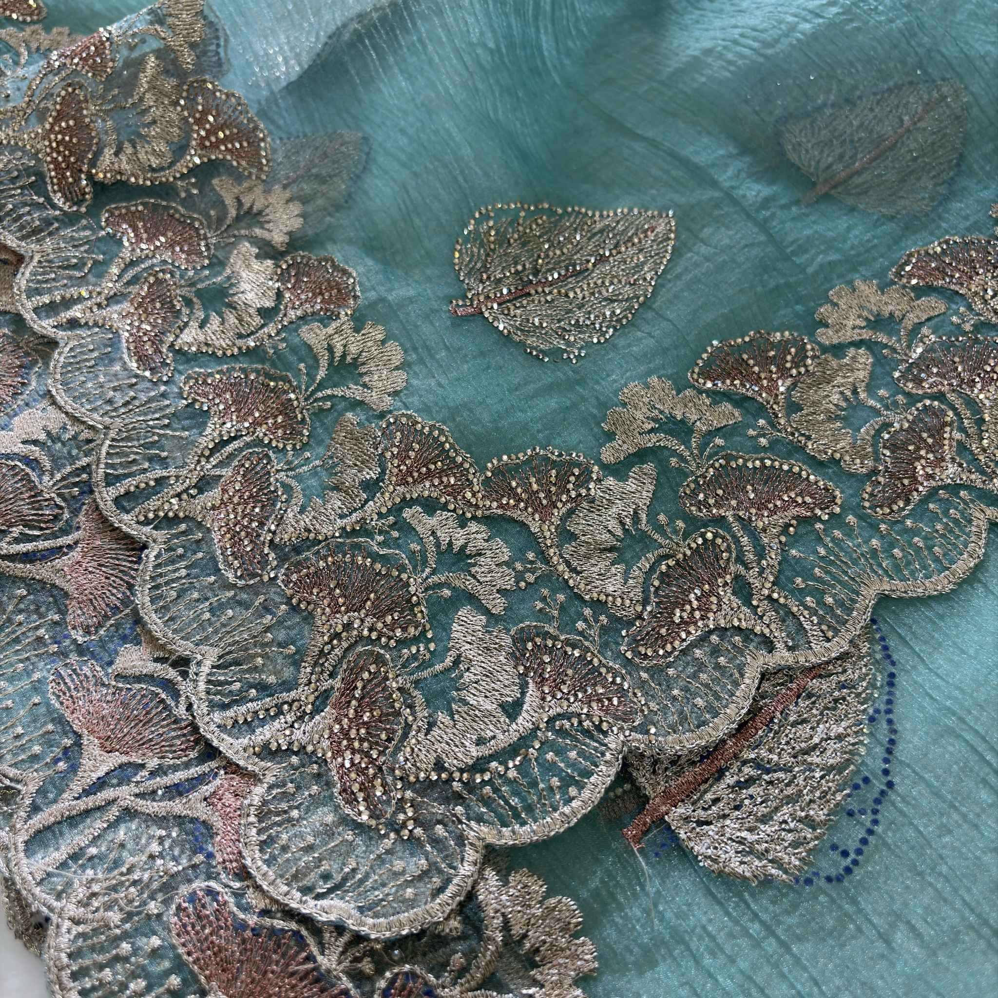 Teal Tissue Silk Saree with Leaf Motifs | Designer Party Wear Saree for Women