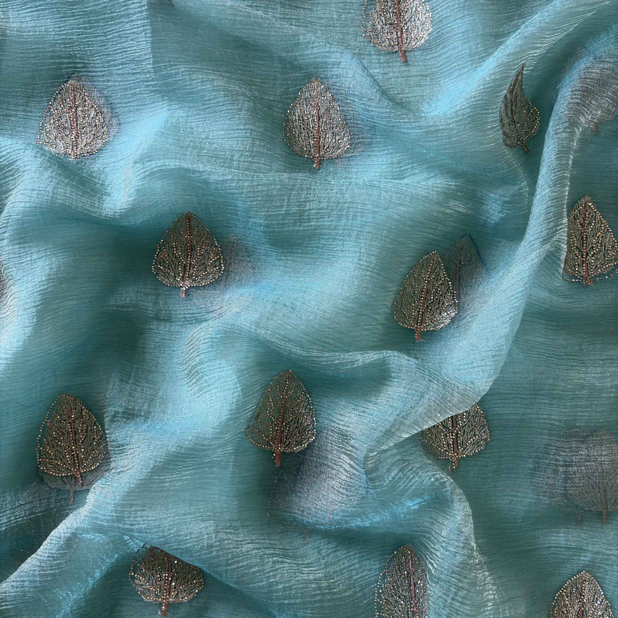 Teal Tissue Silk Saree with Leaf Motifs | Designer Party Wear Saree for Women
