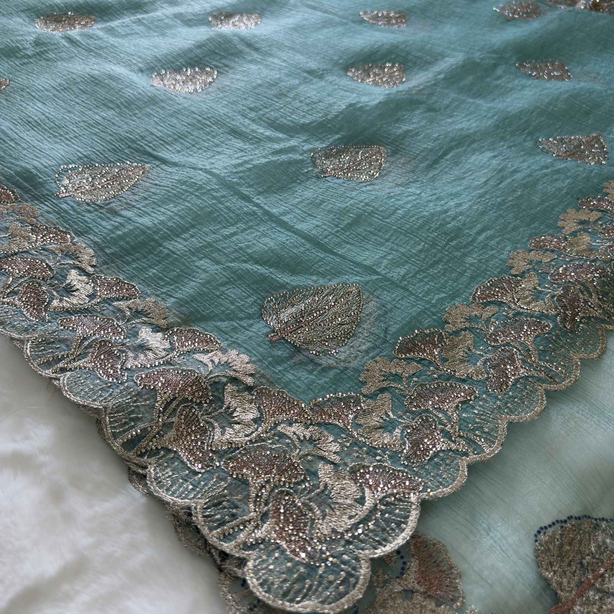 Teal Tissue Silk Saree with Leaf Motifs | Designer Party Wear Saree for Women