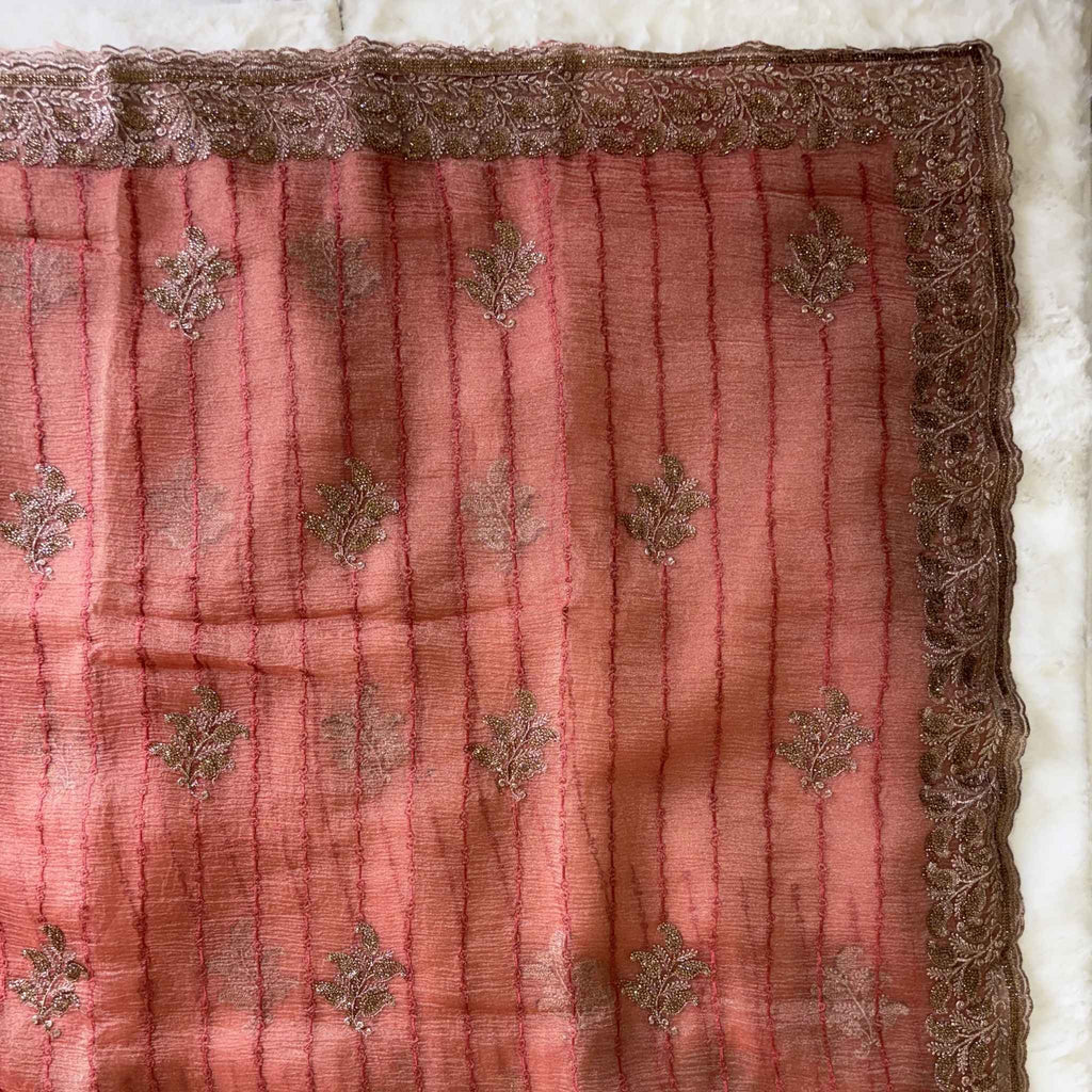 Peach Pink Tissue Saree for Women with Gold Embroidery | Designer Party Wear & Wedding Saree