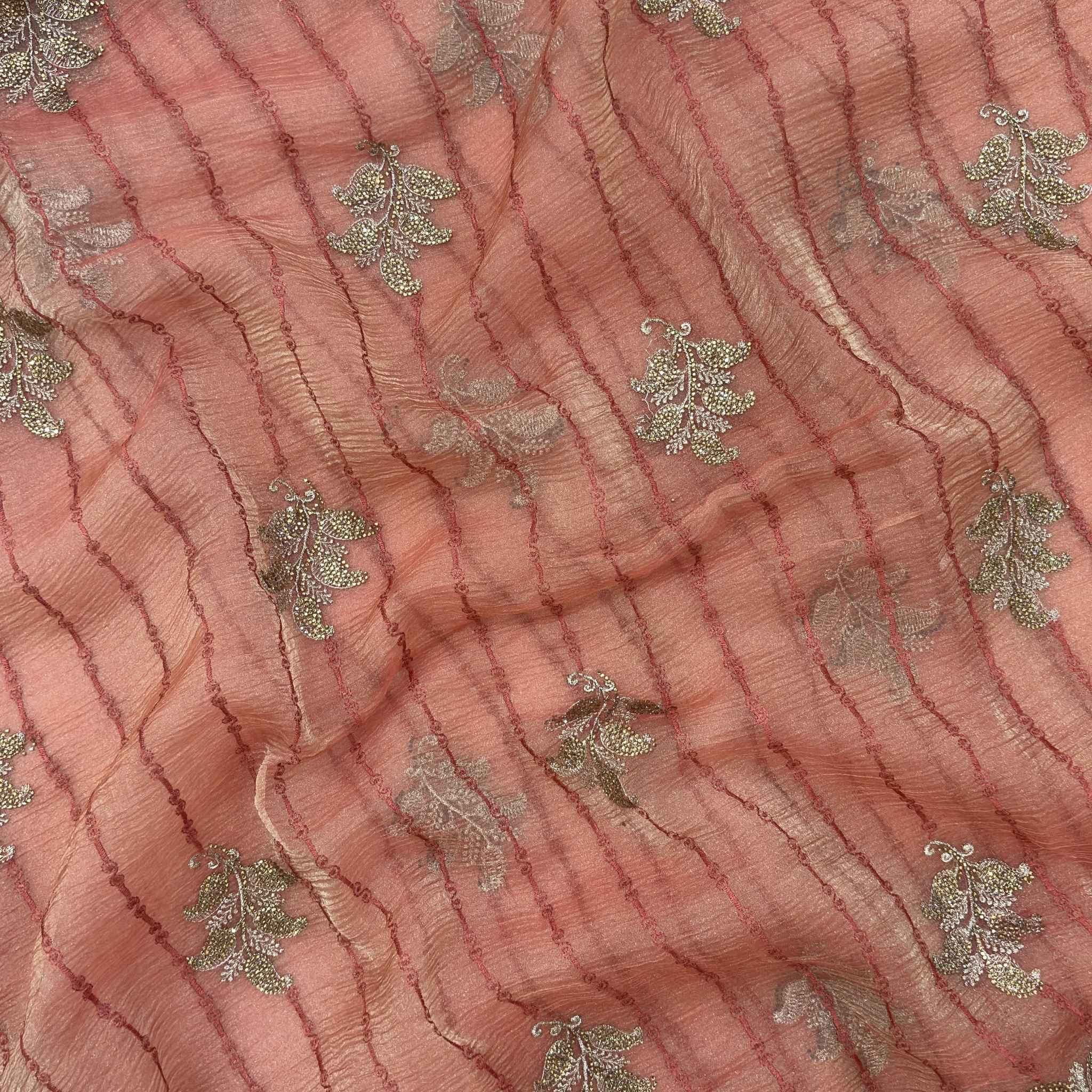 Peach Pink Tissue Saree for Women with Gold Embroidery | Designer Party Wear & Wedding Saree