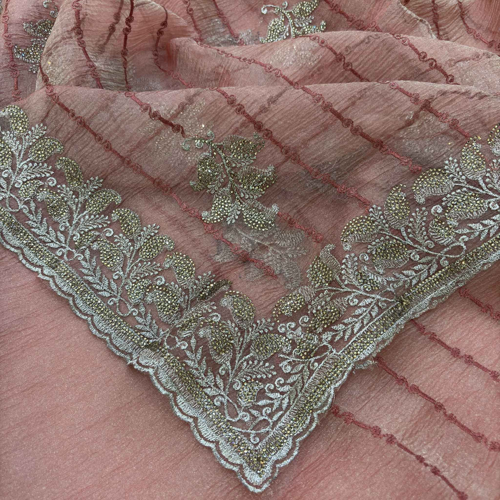 Peach Pink Tissue Saree for Women with Gold Embroidery | Designer Party Wear & Wedding Saree