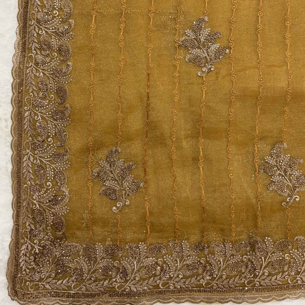Golden Yellow Tissue Saree for Women with Silver Leaf Embroidery | Designer Party Wear