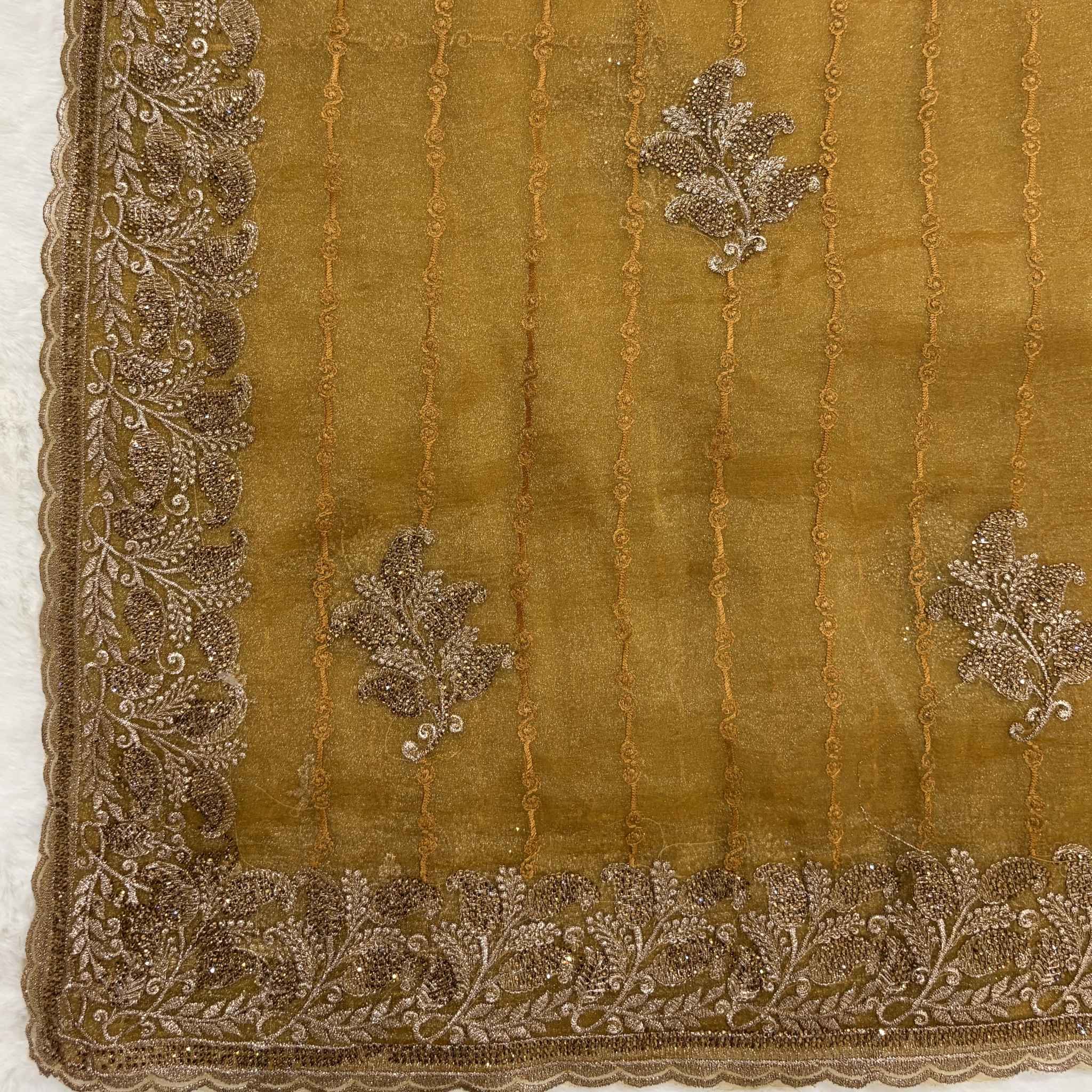Golden Yellow Tissue Saree for Women with Silver Leaf Embroidery | Designer Party Wear