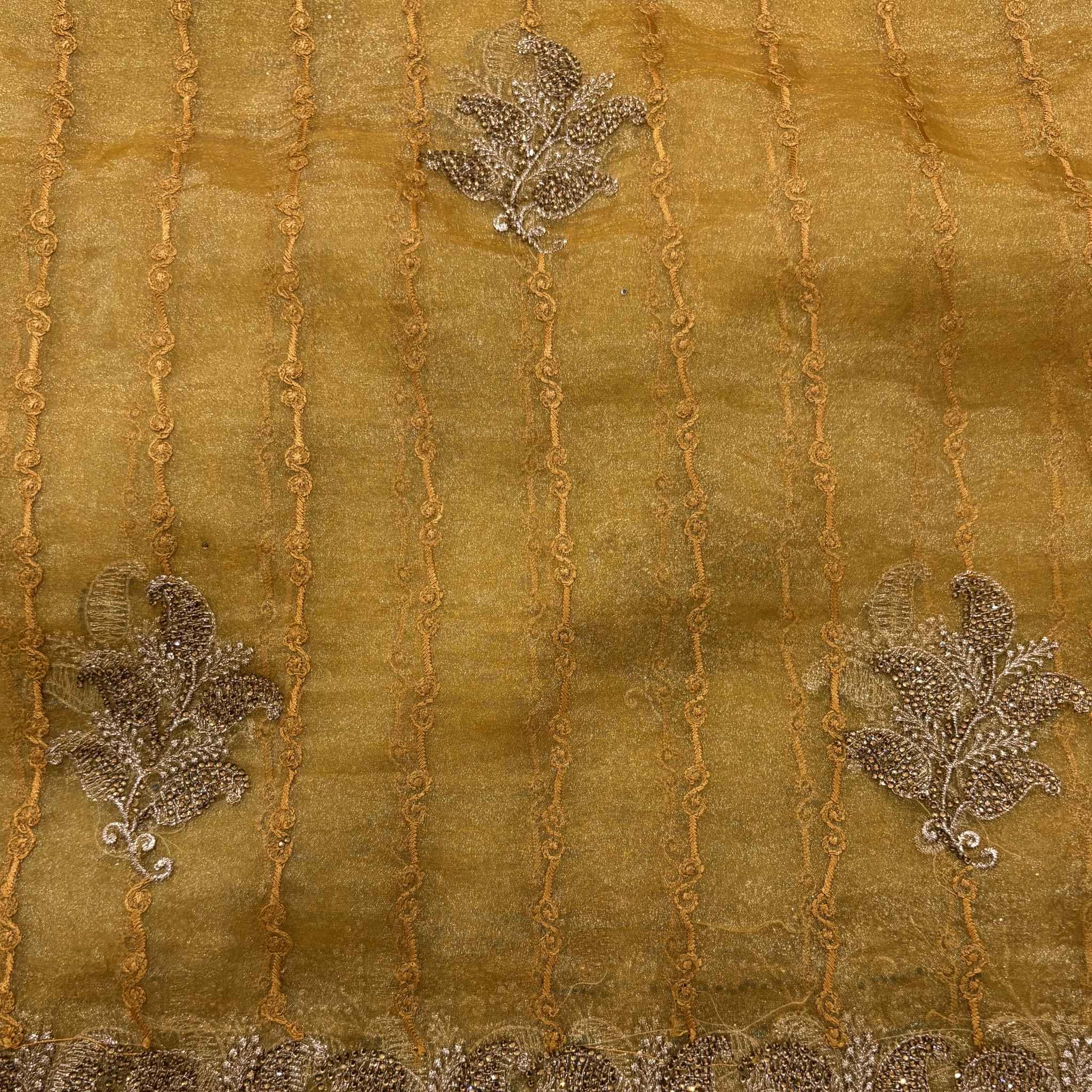 Golden Yellow Tissue Saree for Women with Silver Leaf Embroidery | Designer Party Wear