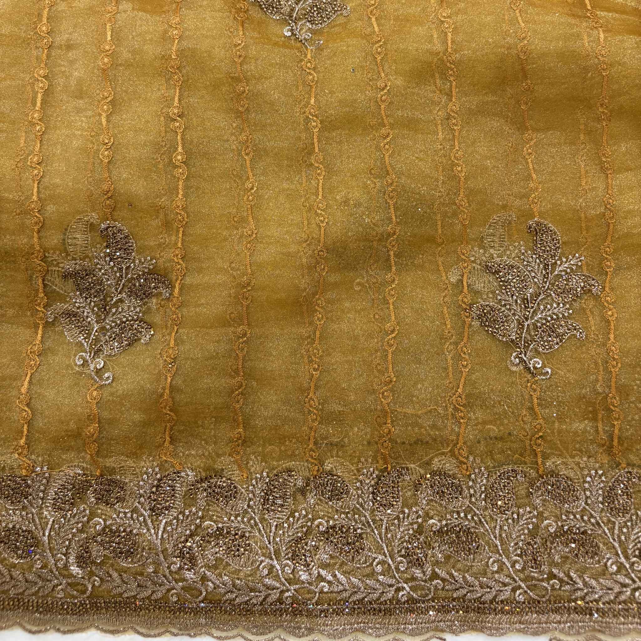 Golden Yellow Tissue Saree for Women with Silver Leaf Embroidery | Designer Party Wear