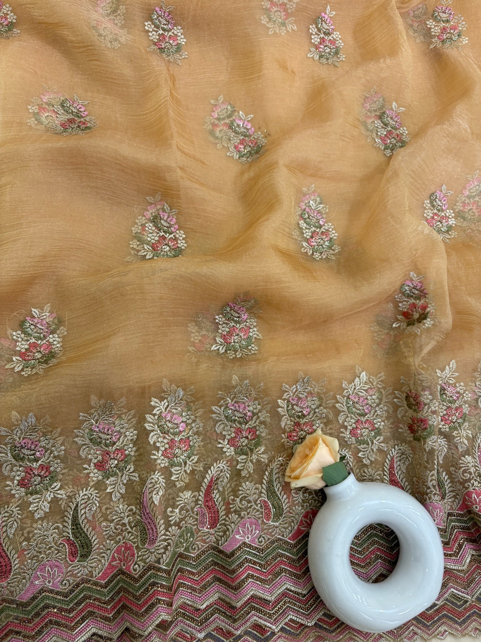 Khaki Tissue Saree for Women with Floral Embroidery