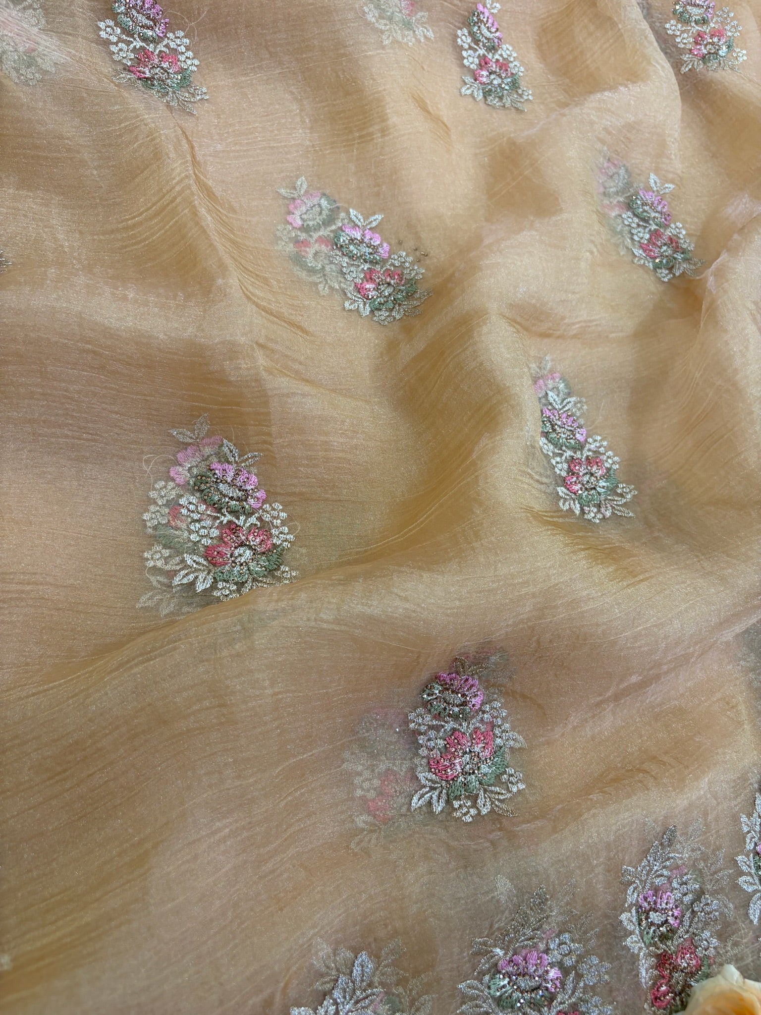 Khaki Tissue Saree for Women with Floral Embroidery