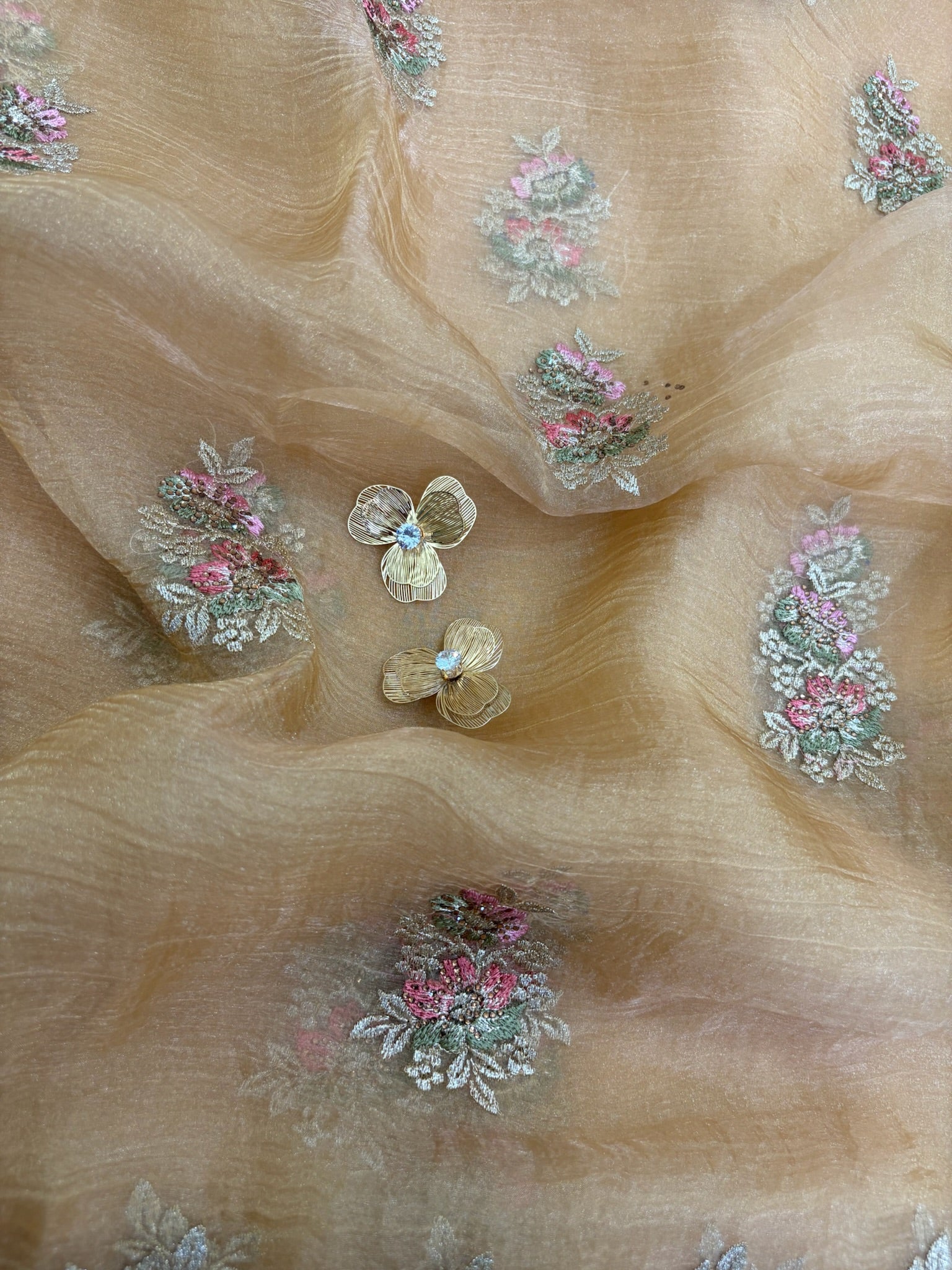 Khaki Tissue Saree for Women with Floral Embroidery