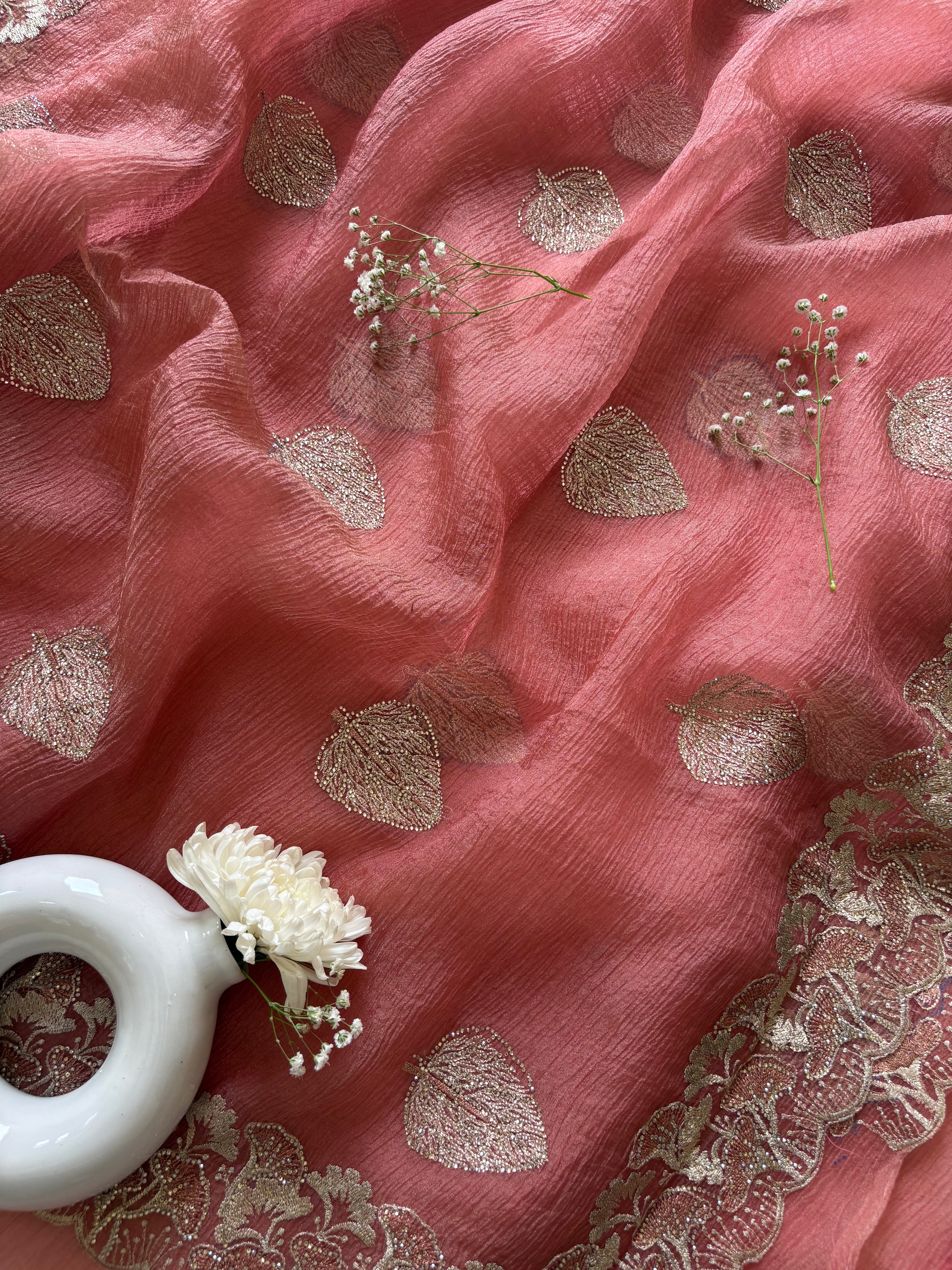 Pink Tissue Saree for Women with Gold Zari Work