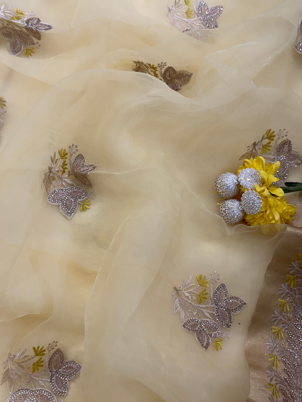 Tissue Saree Lemon Yellow with Floral Embroidery