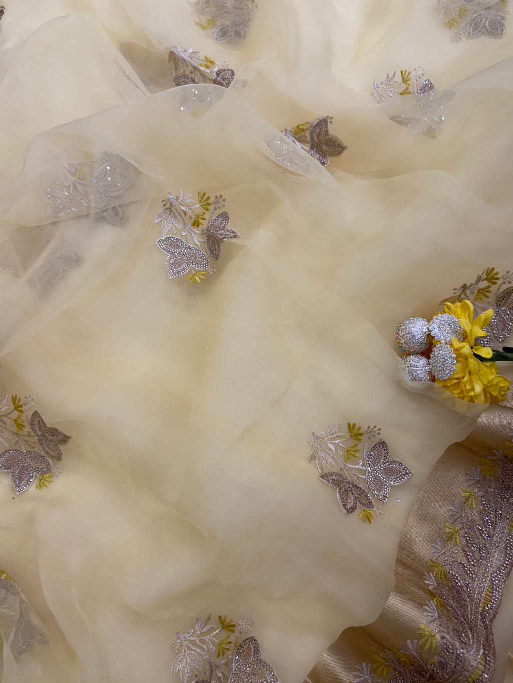 Tissue Saree Lemon Yellow with Floral Embroidery