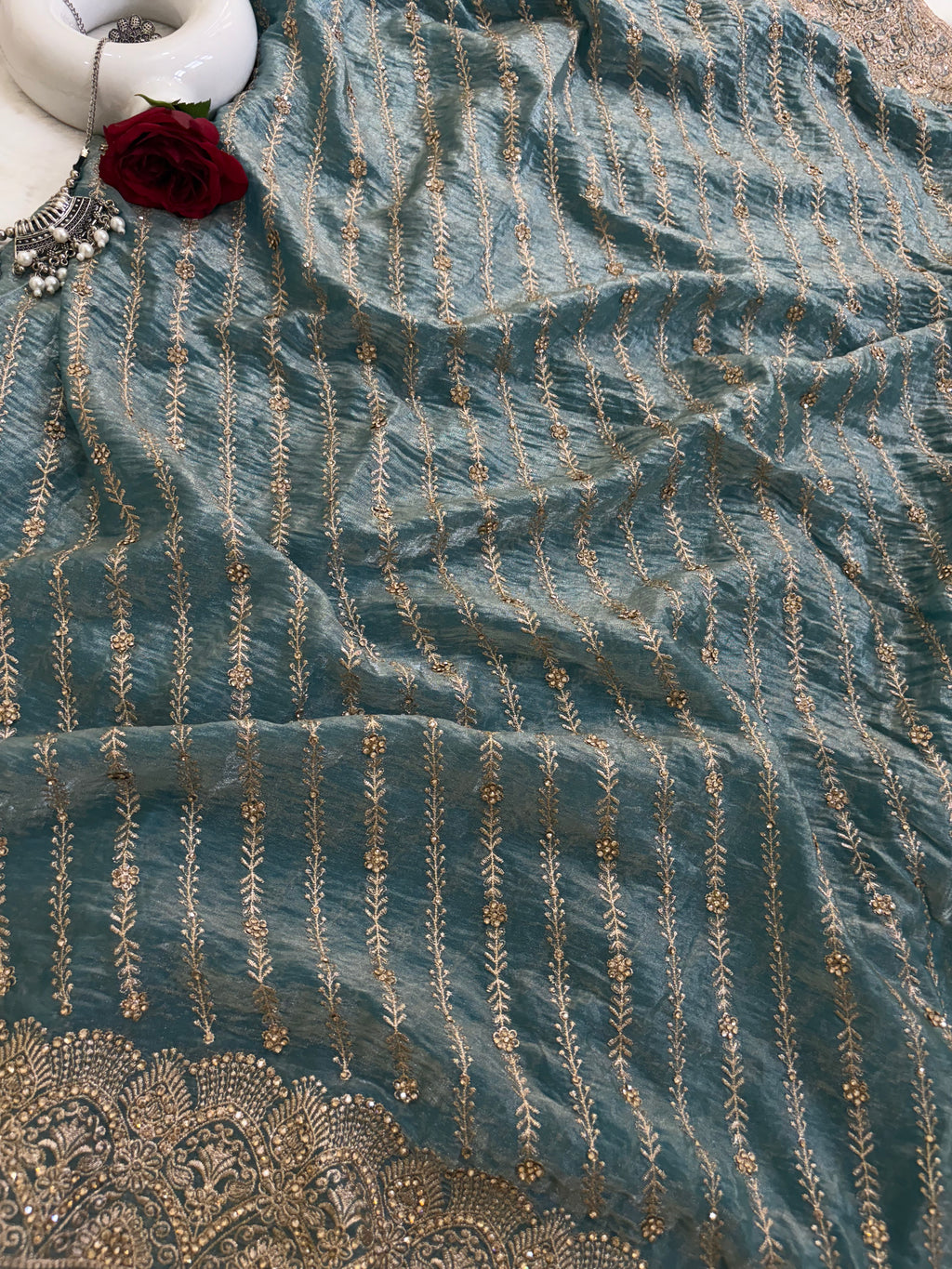 Teal Tissue Saree for Women with Gold Border