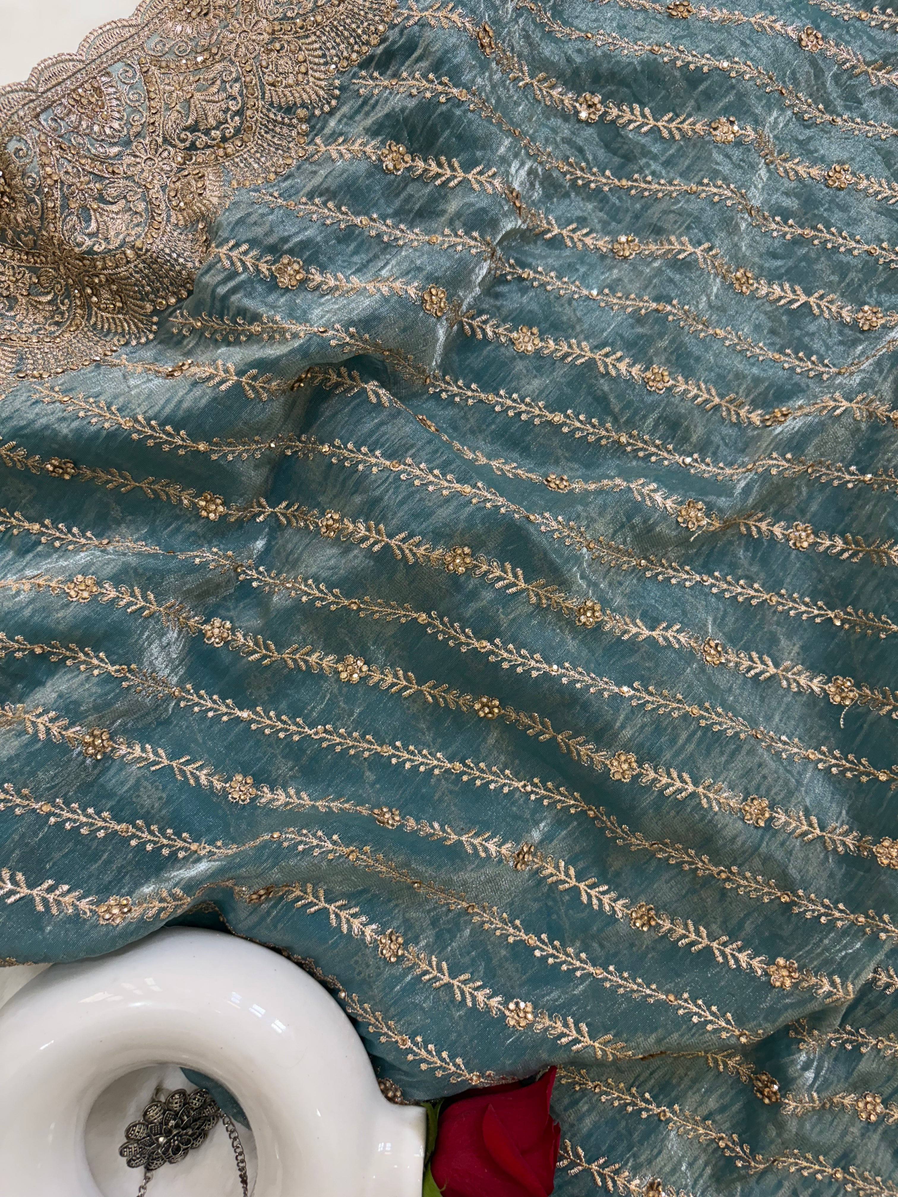 Teal Tissue Saree for Women with Gold Border