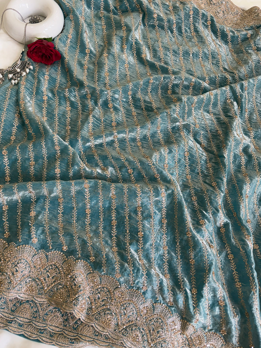 Teal Tissue Saree for Women with Gold Border