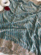 Teal Tissue Saree for Women with Gold Border