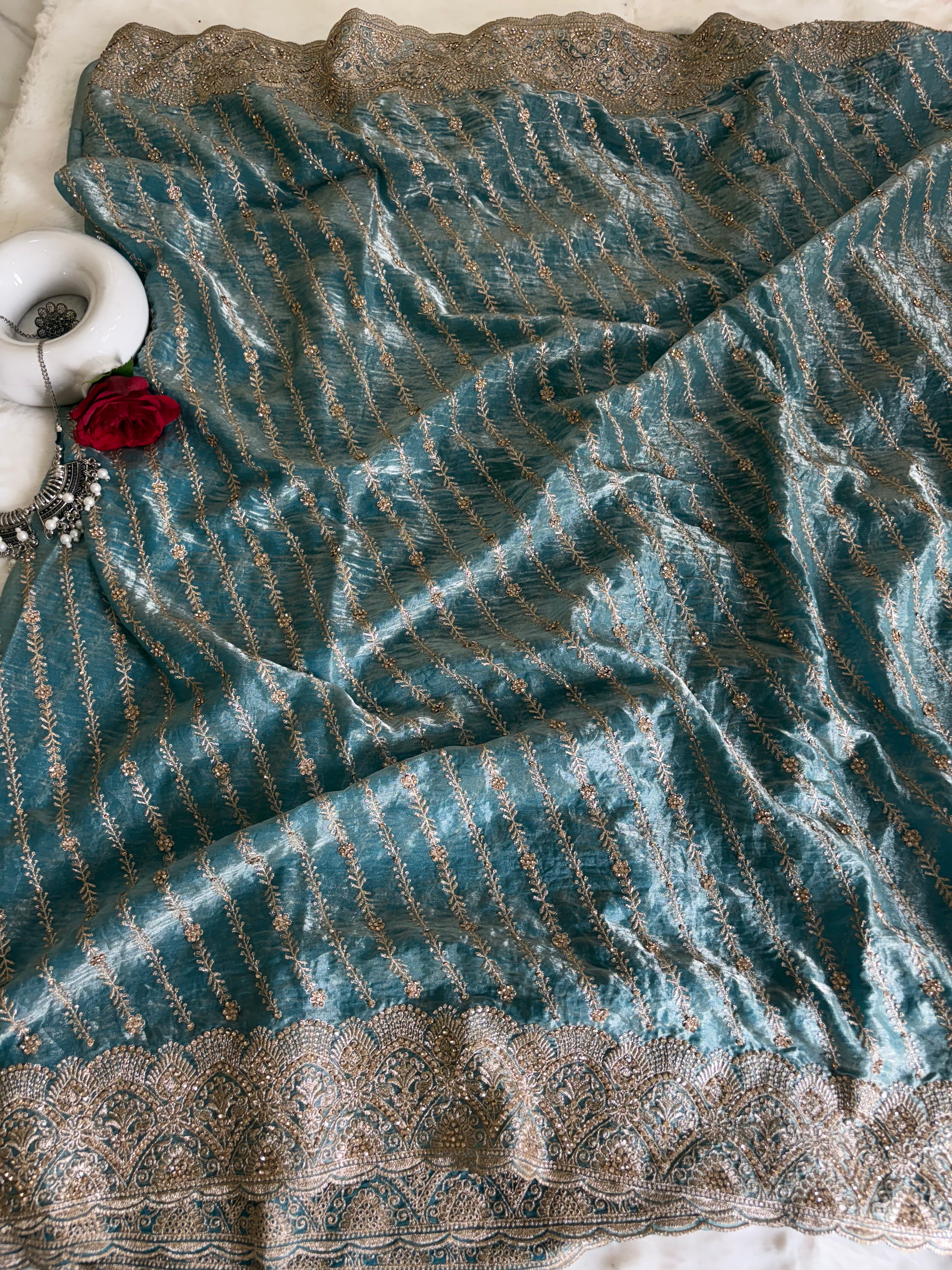 Teal Tissue Saree for Women with Gold Border