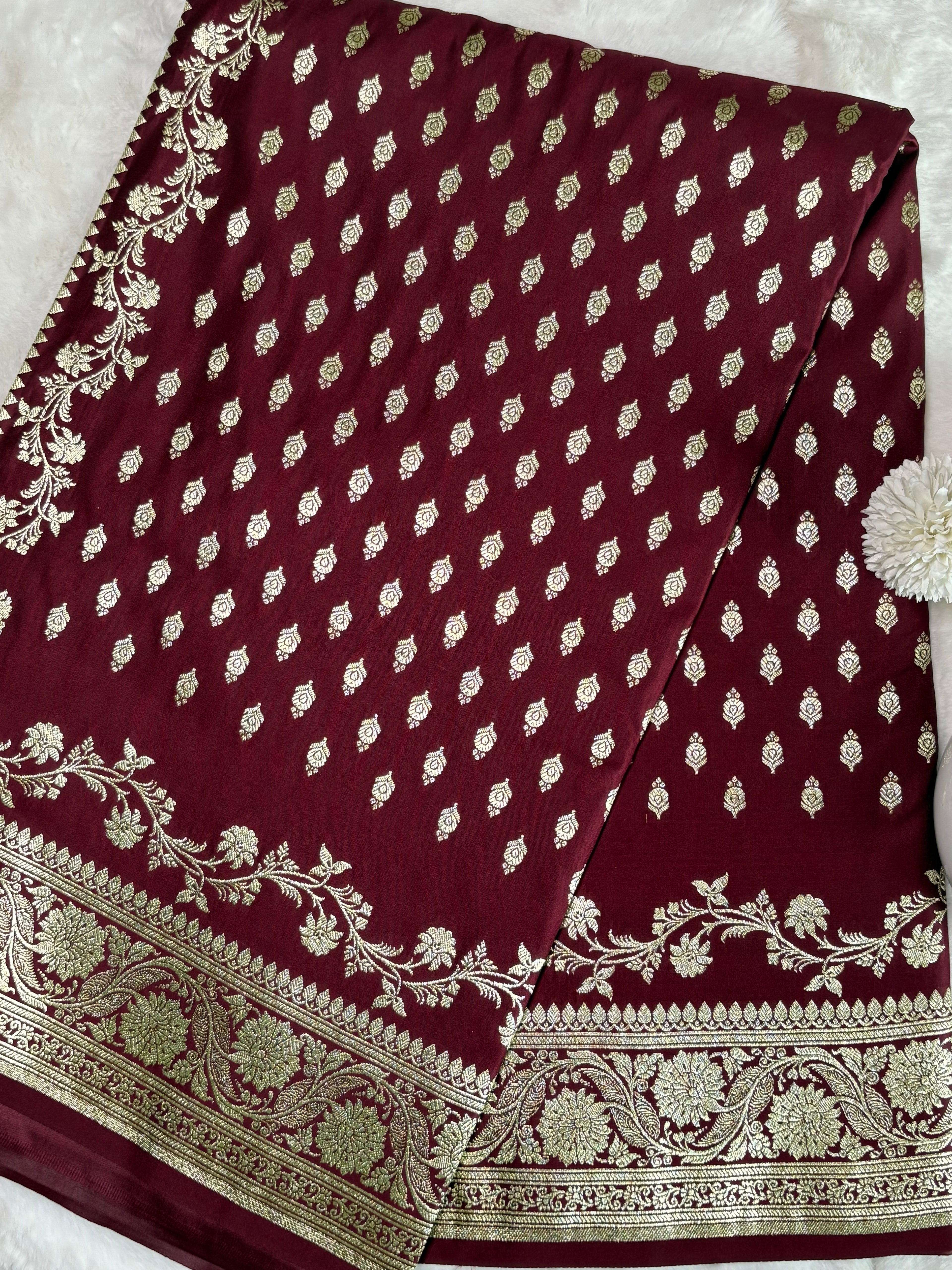 Maroon Banarsee Saree for Women with Gold Zari Work