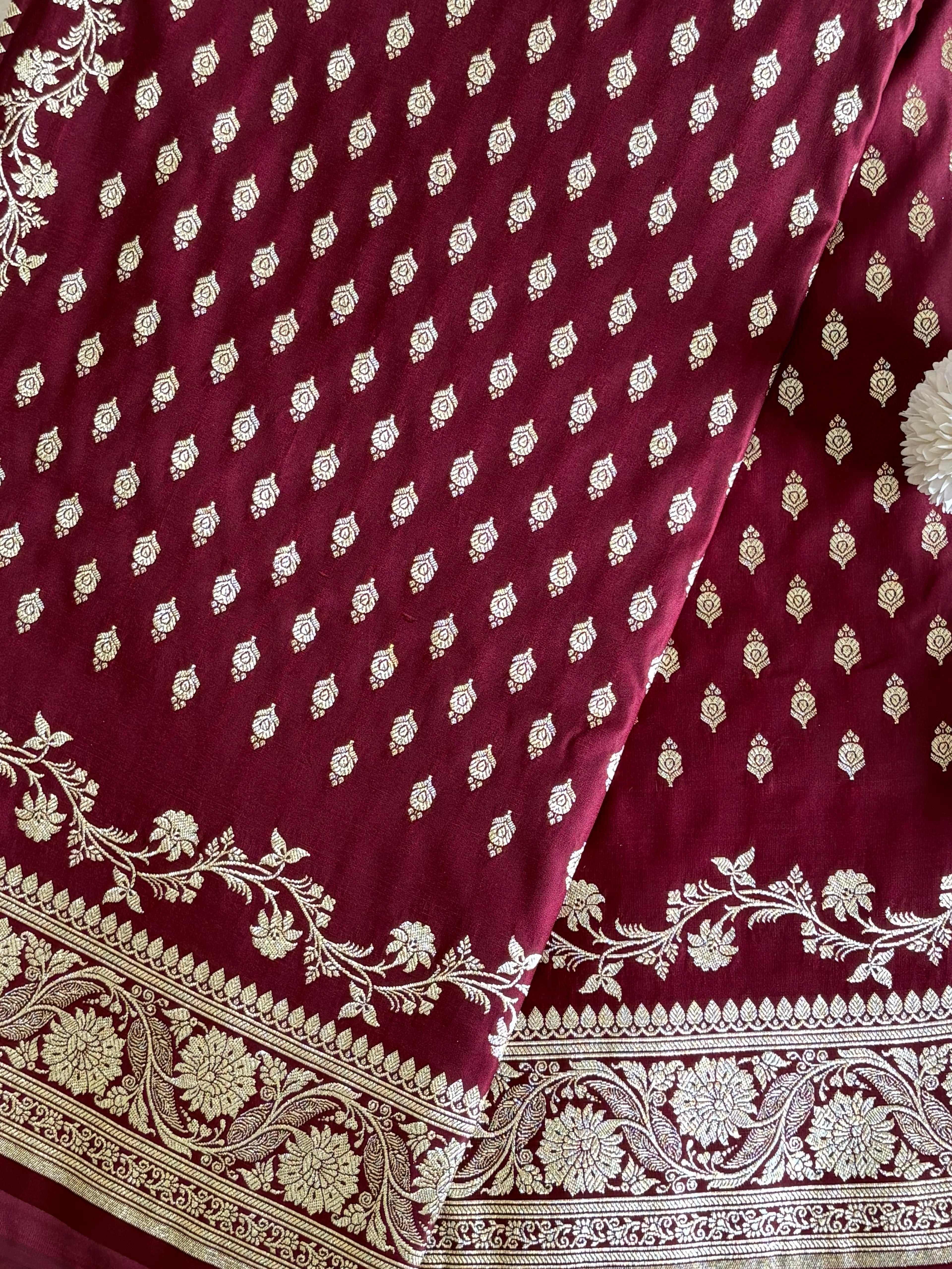 Maroon Banarsee Saree for Women with Gold Zari Work
