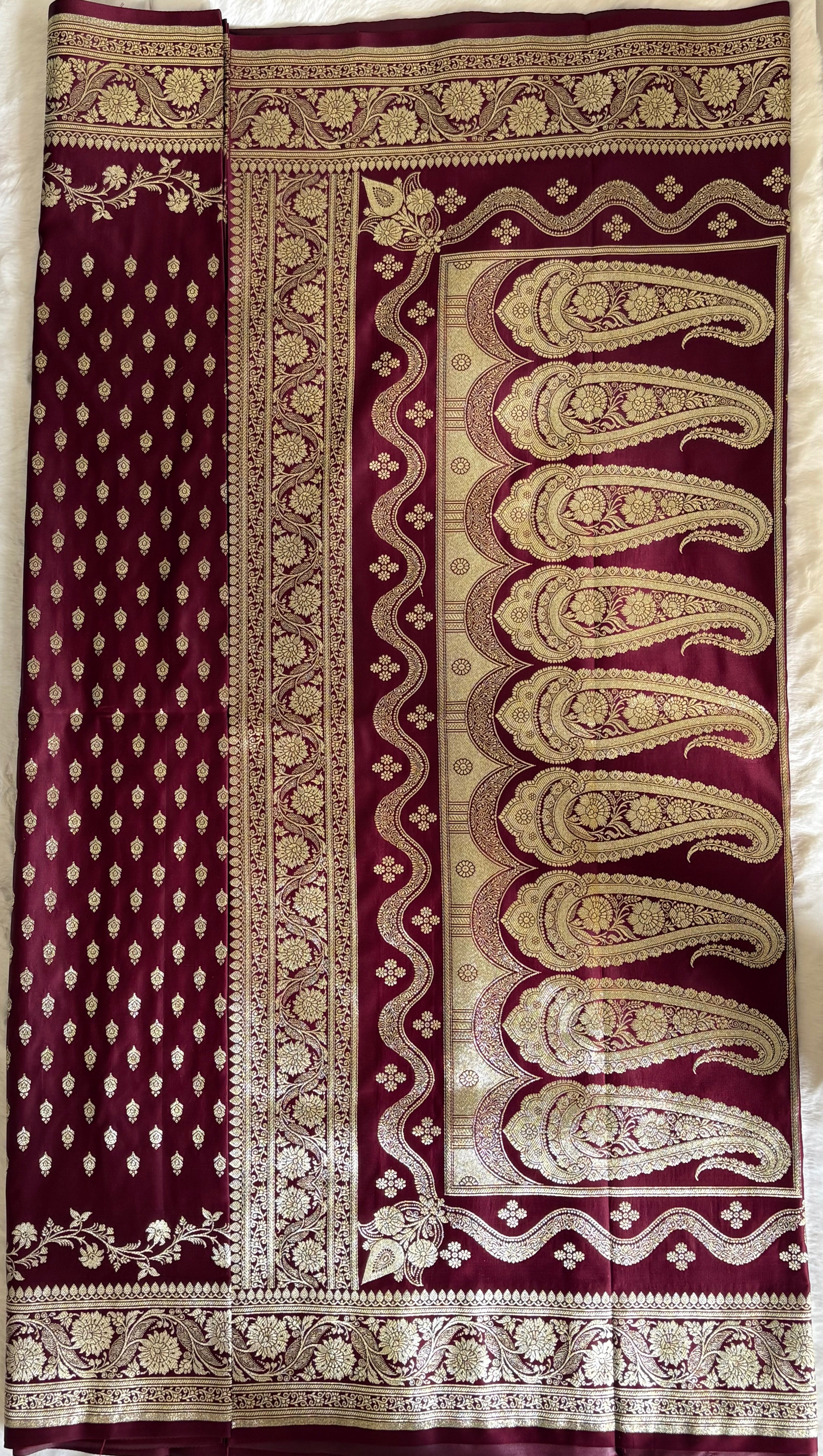 Maroon Banarsee Saree for Women with Gold Zari Work