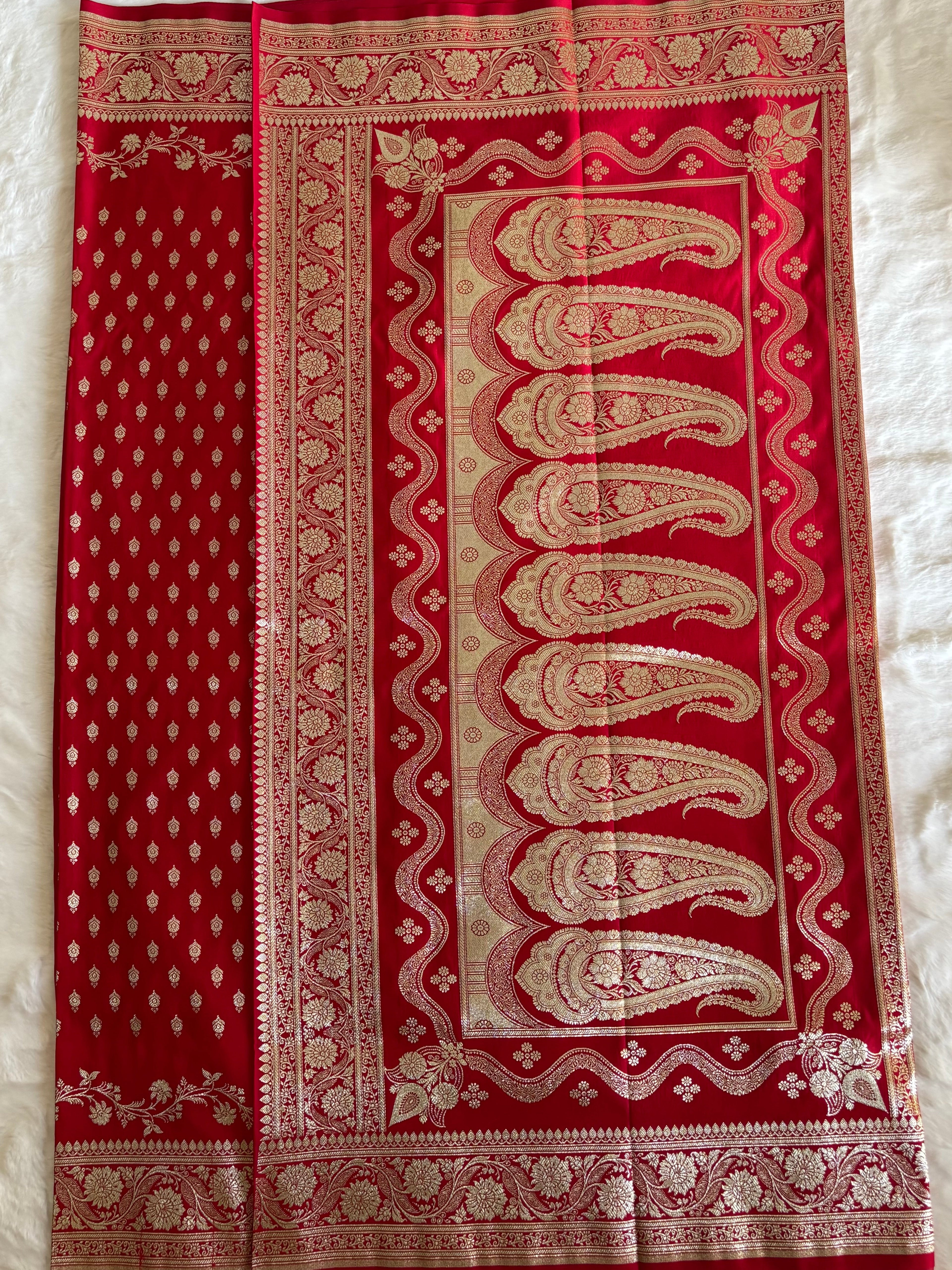 Red Banarsee Saree for Women with Gold Zari Work