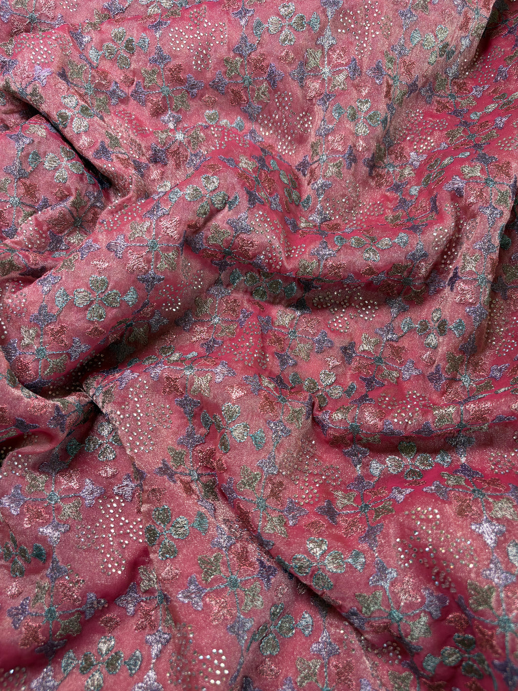Floral Printed Chinon Georgette Fabric Featuring Embroidery and Handwork