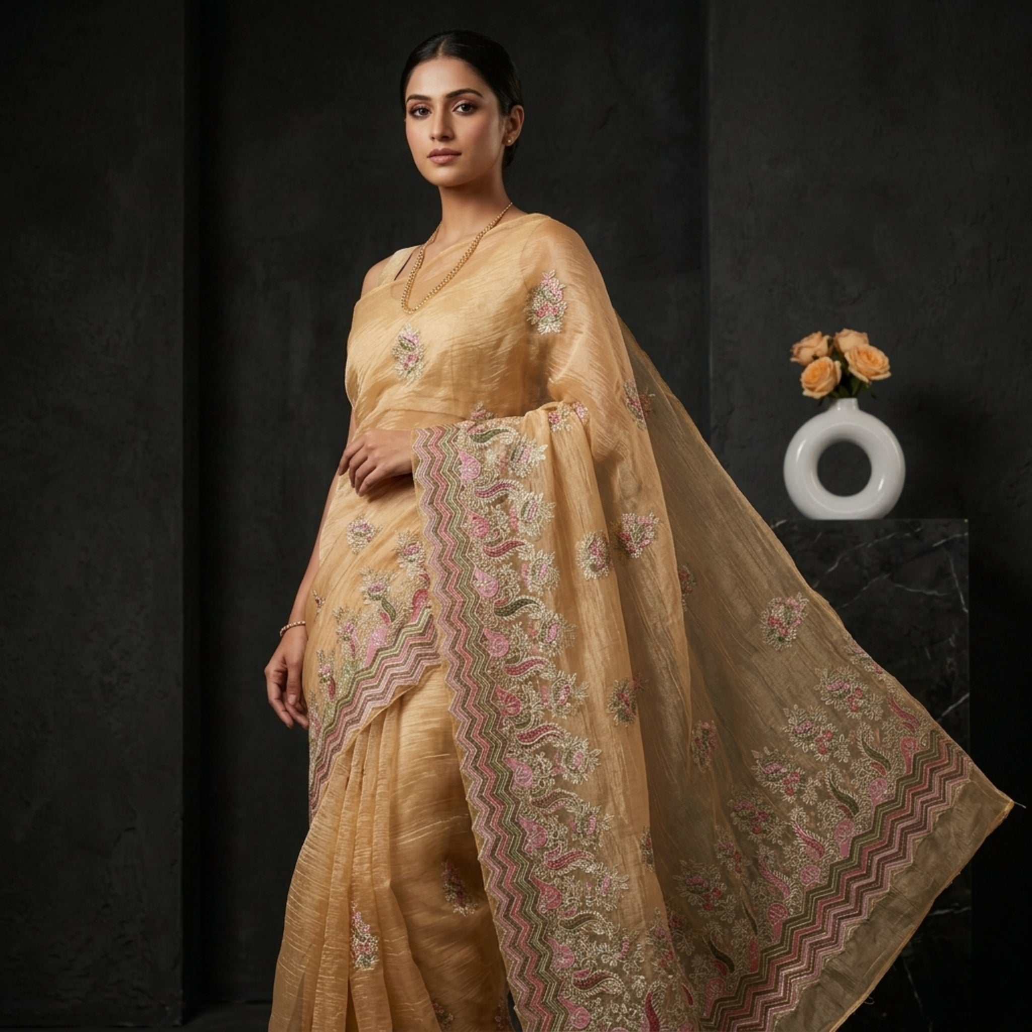 Woman wearing a beige saree with floral patterns on a dark background