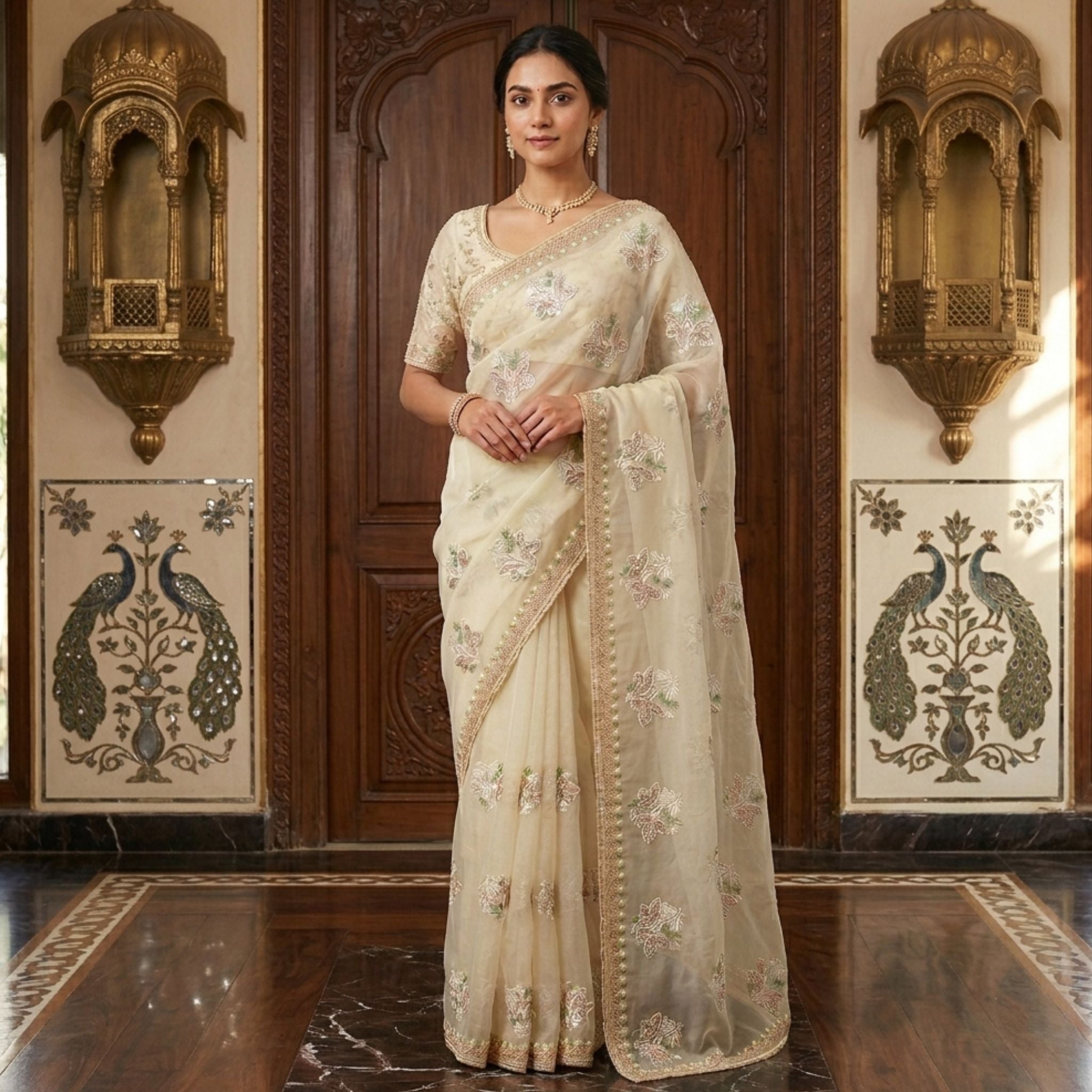 Pista Green Embroidered Organza Saree