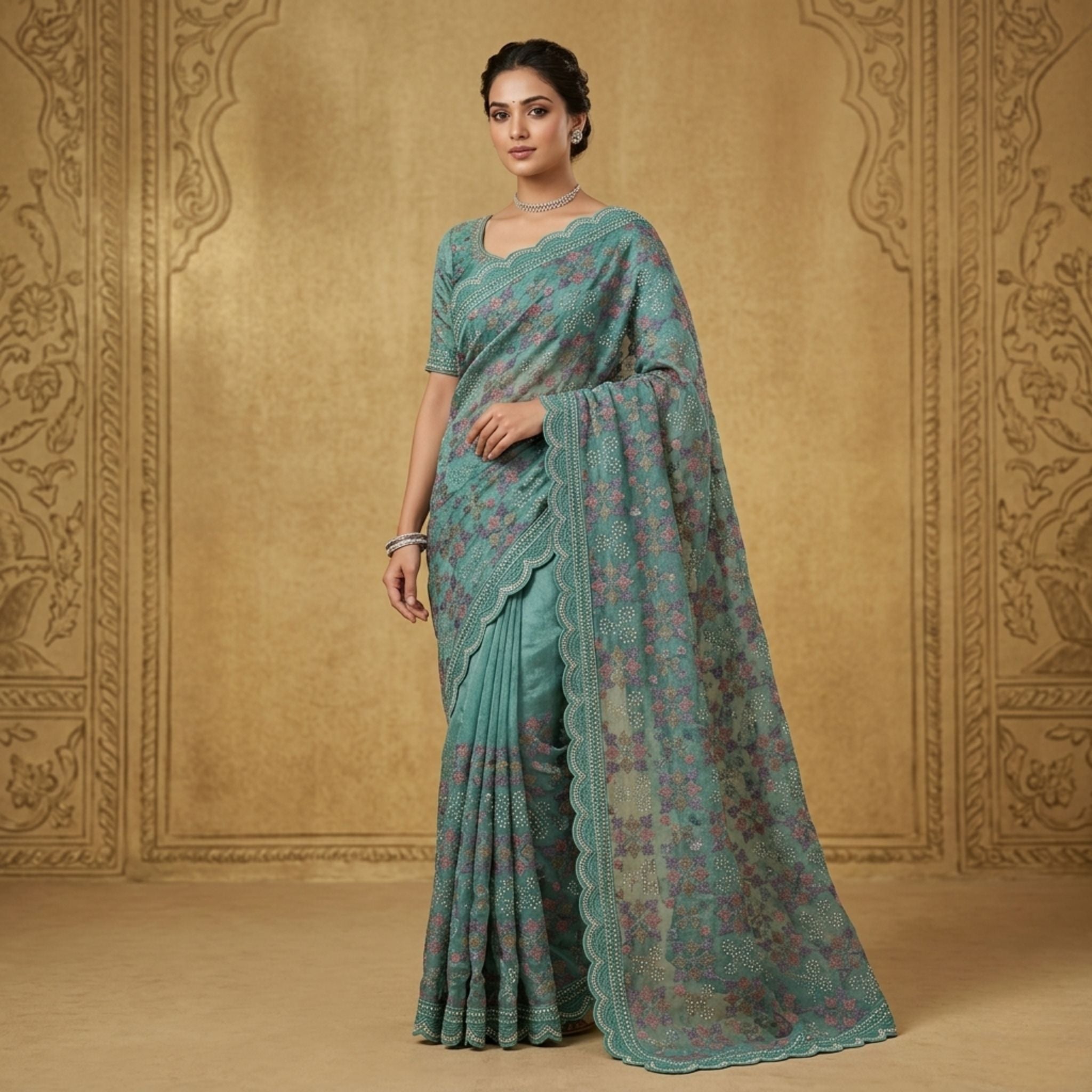Sea Green Floral Zari Saree
