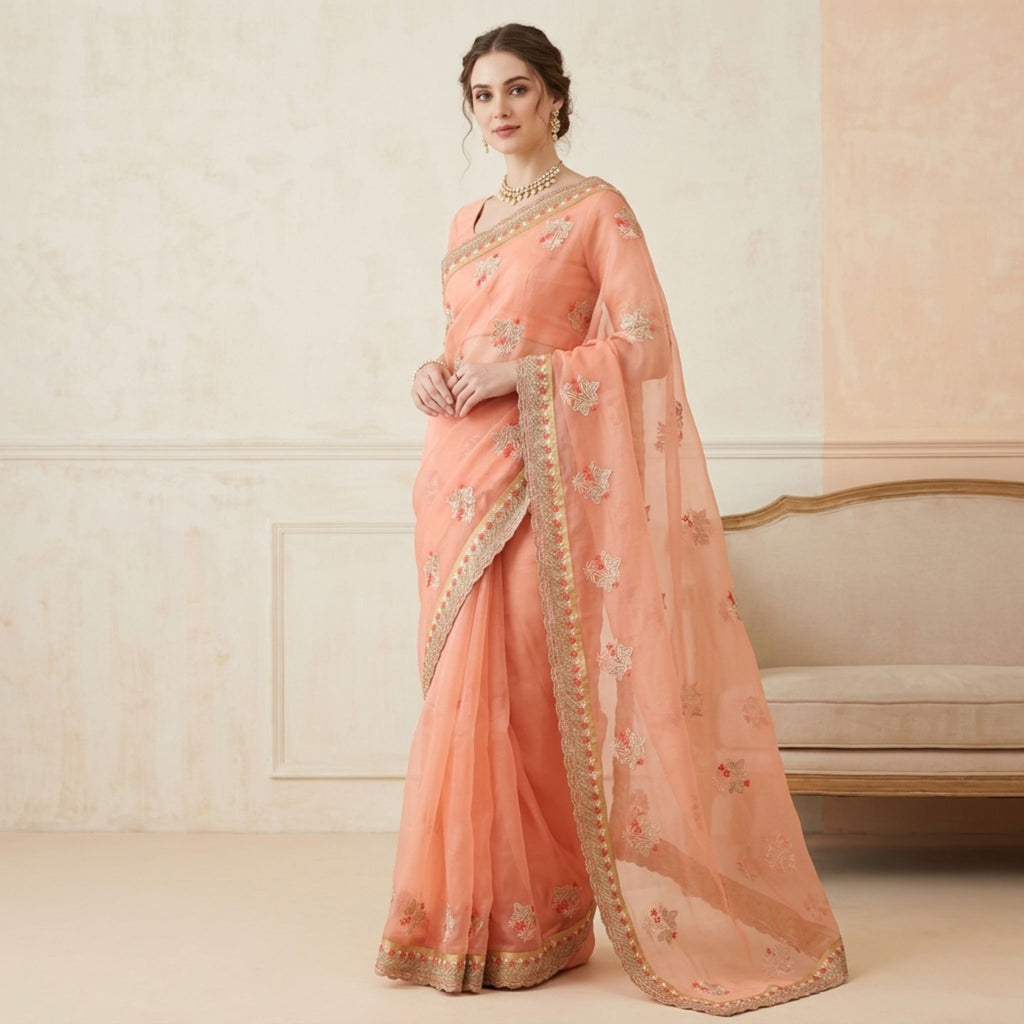 Peach Colour Floral Embroidered Organza