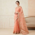 Peach Colour Floral Embroidered Organza