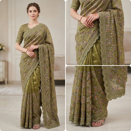 Woman wearing a green saree with floral patterns in a collage format.