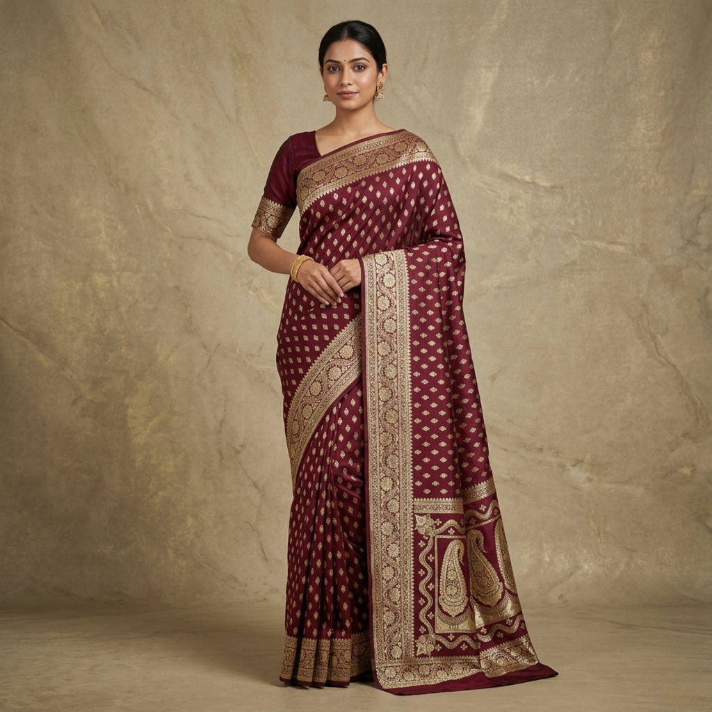 Maroon Banarsee Saree for Women with Gold Zari Work