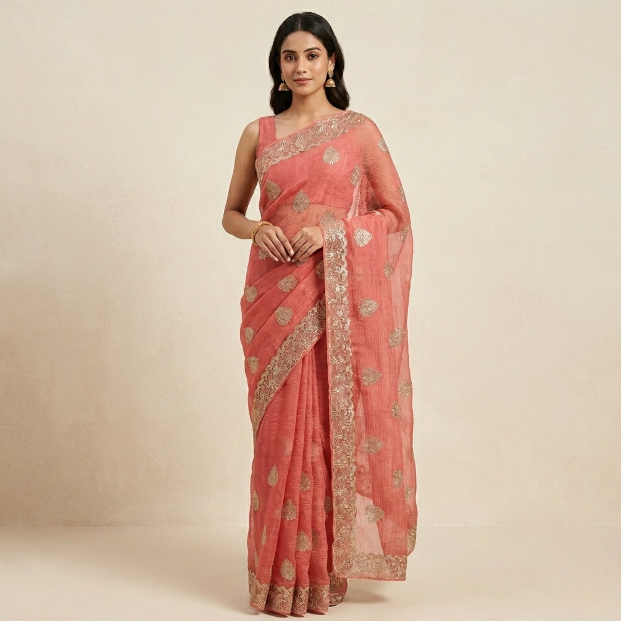 Pink Tissue Saree for Women with Gold Zari Work
