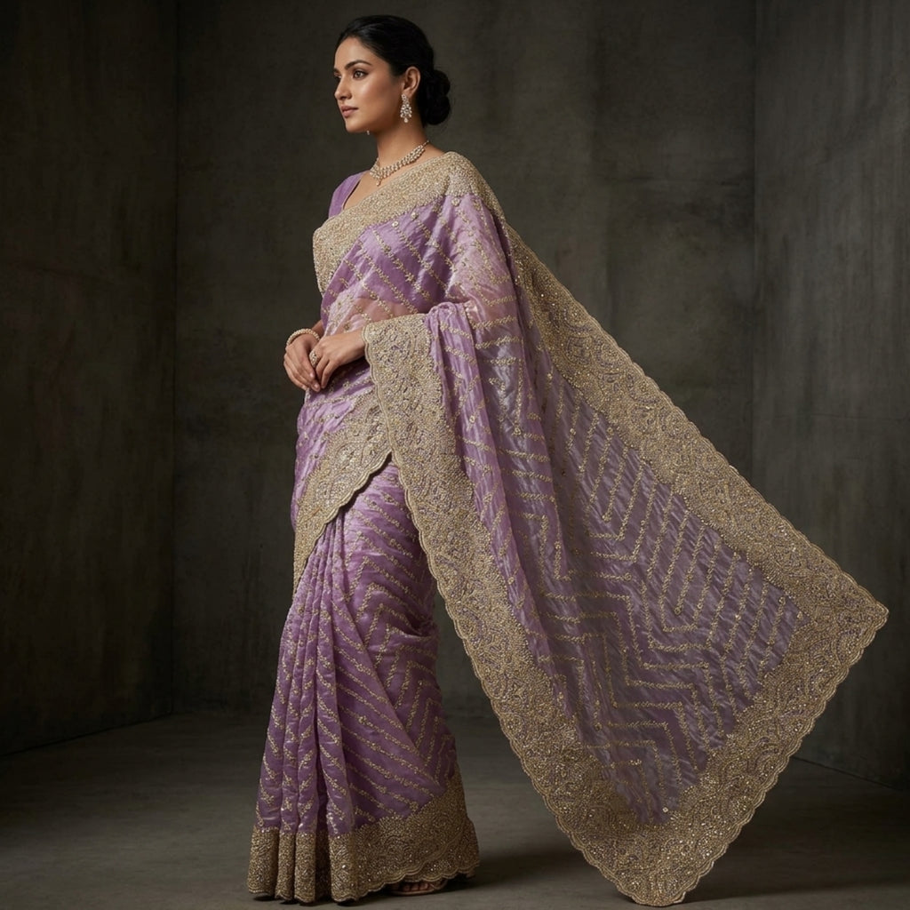 Woman wearing a traditional lavender saree with gold border against a dark background