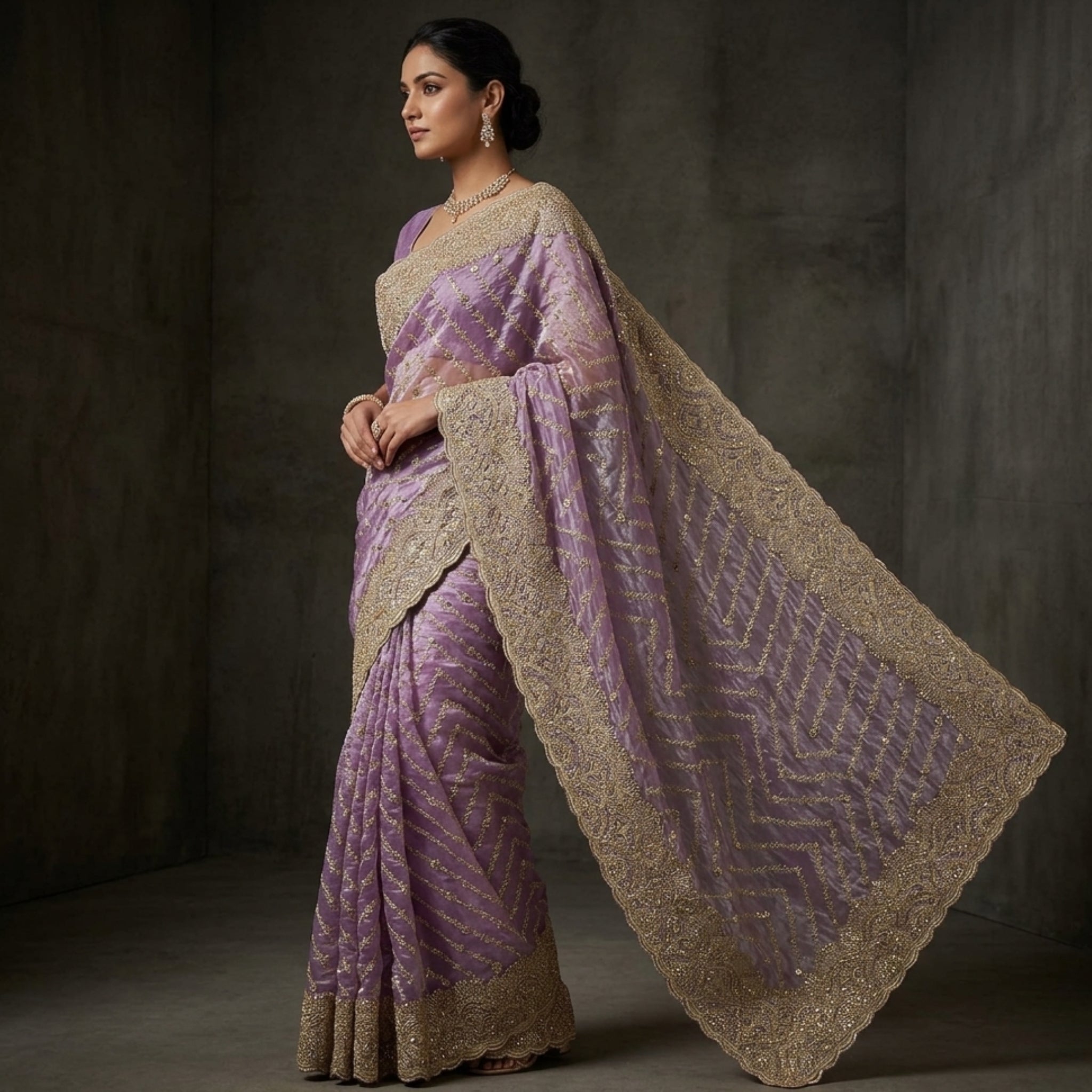 Woman wearing a traditional lavender saree with gold border against a dark background