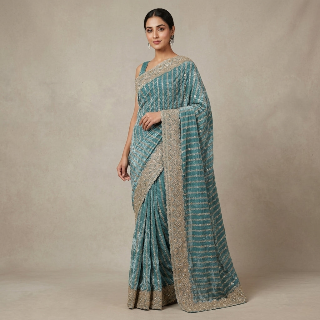 Woman wearing a teal saree with a beige border against a beige background