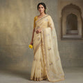 Tissue Saree Lemon Yellow with Floral Embroidery