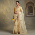 Tissue Saree Lemon Yellow with Floral Embroidery