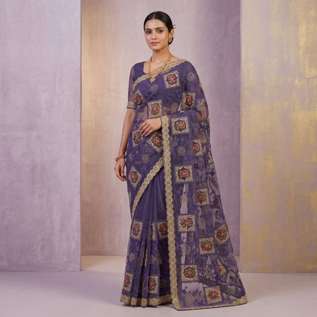 Woman wearing a purple saree with intricate patterns against a neutral background