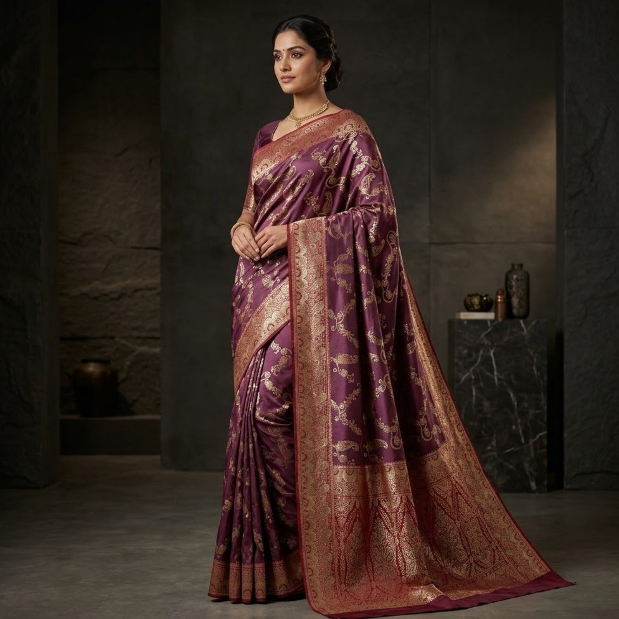 Woman wearing a purple and gold saree in a dimly lit room.