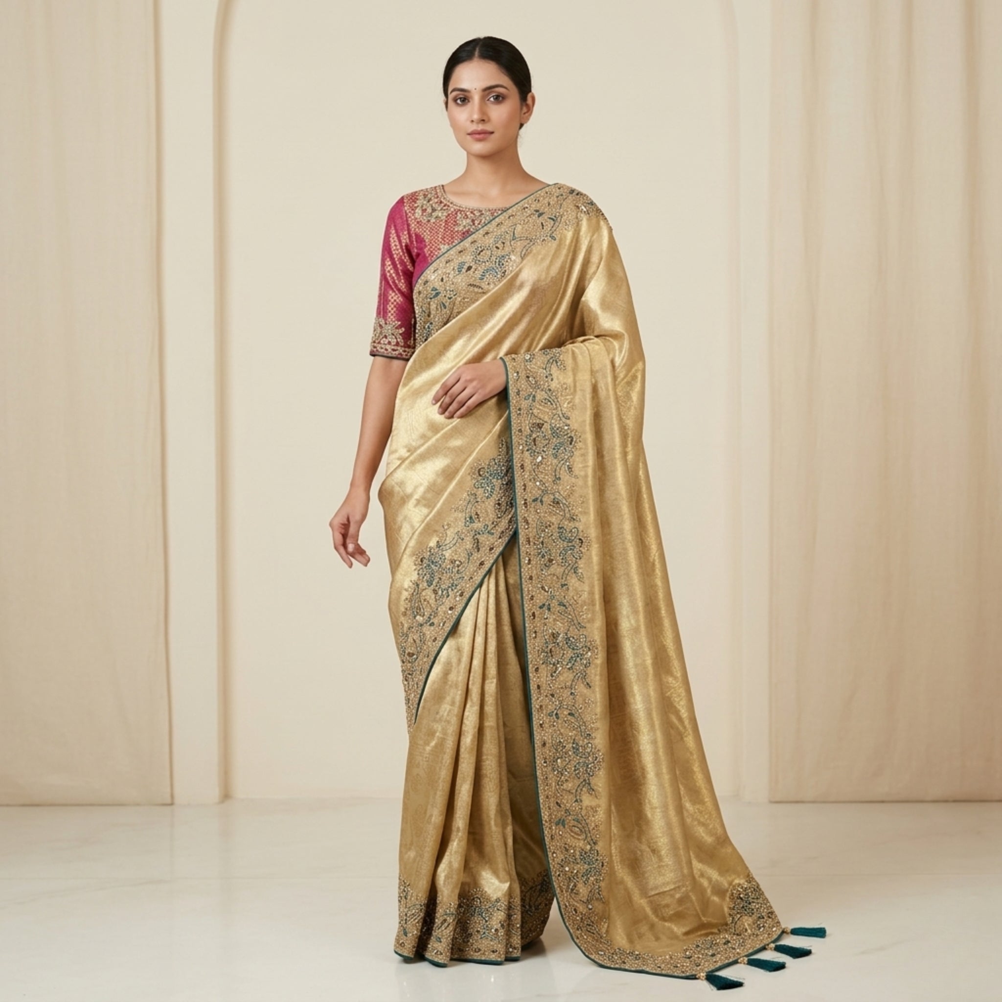 Woman wearing a gold saree with intricate patterns against a beige background