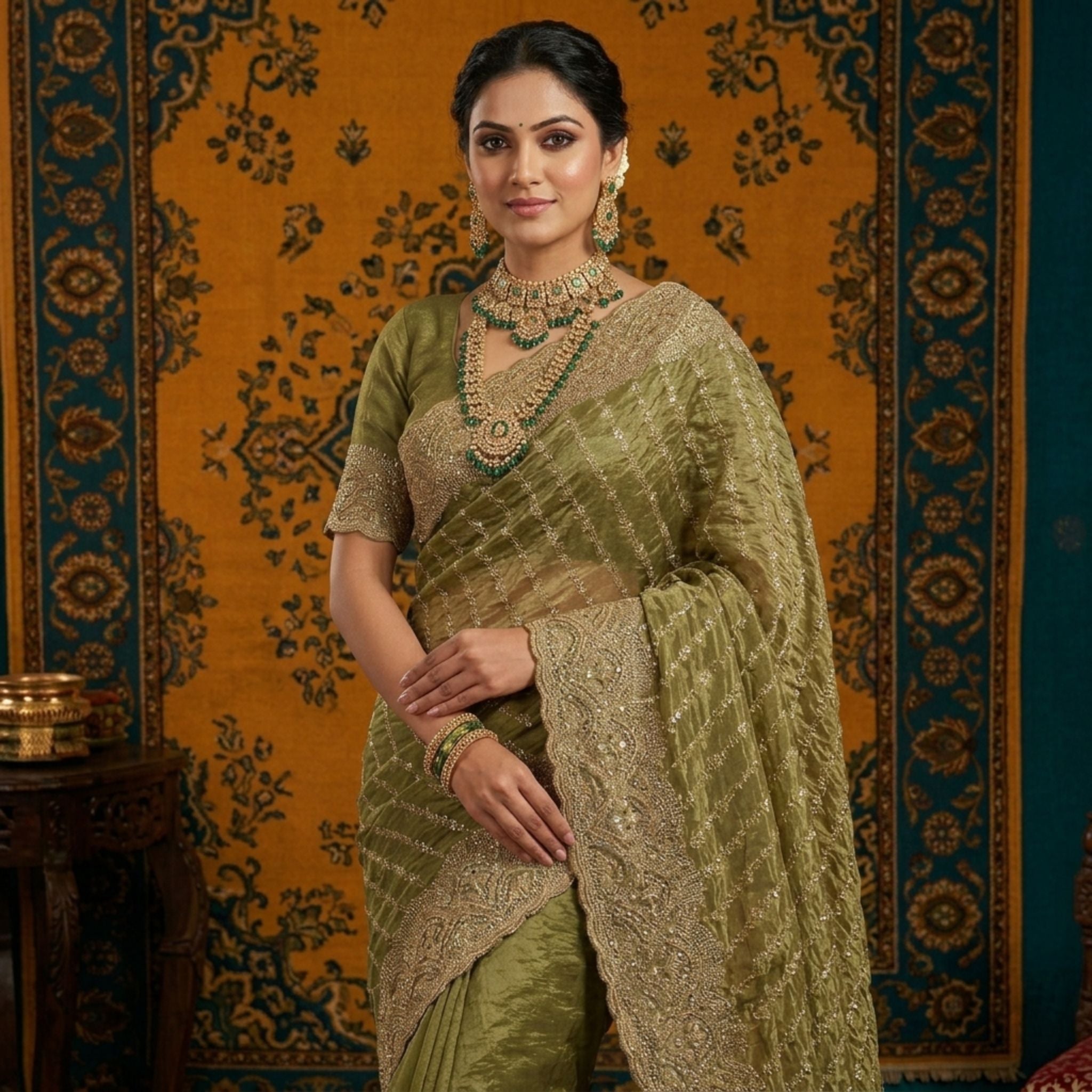 Olive Green Zari Stripe Saree