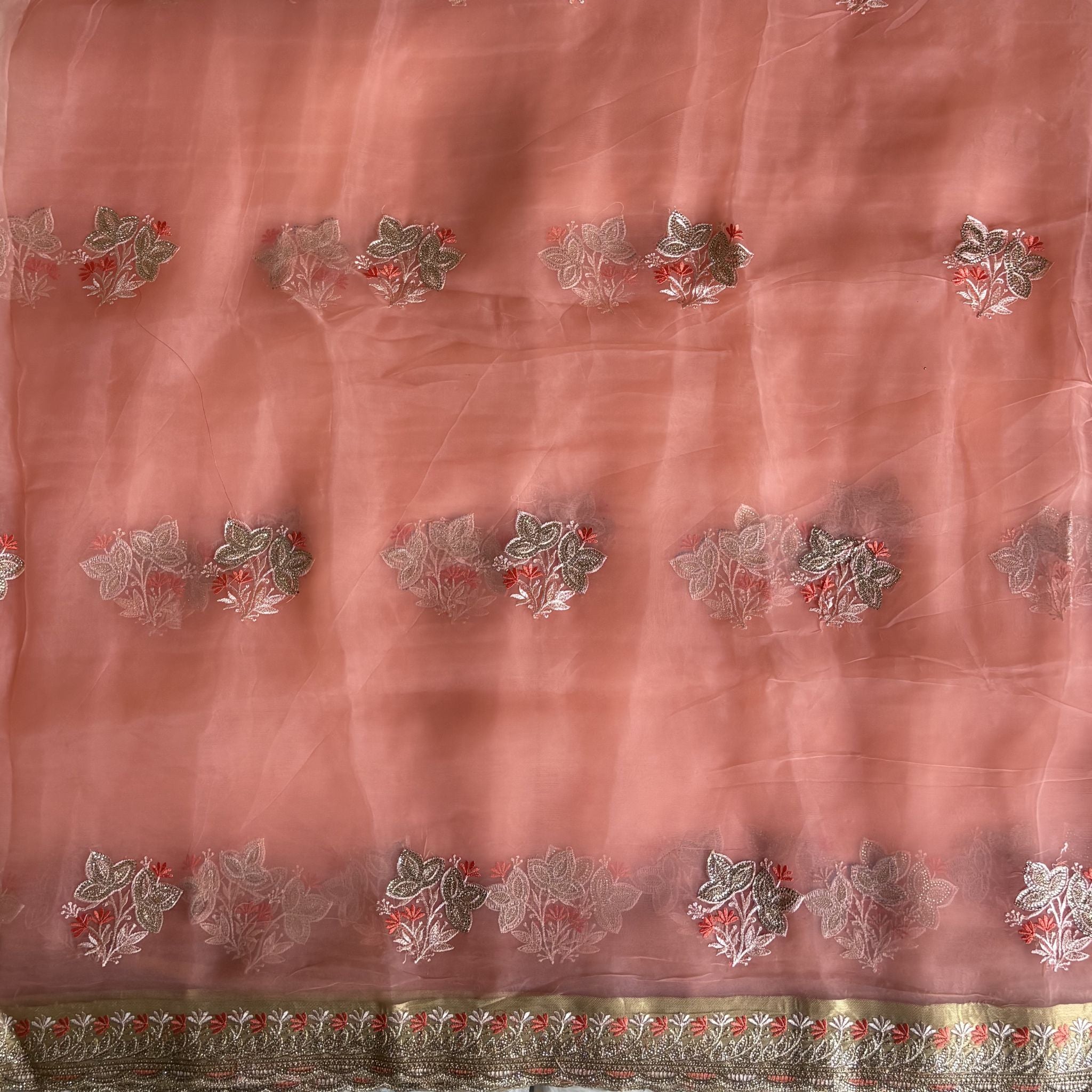Peach Colour Floral Embroidered Organza