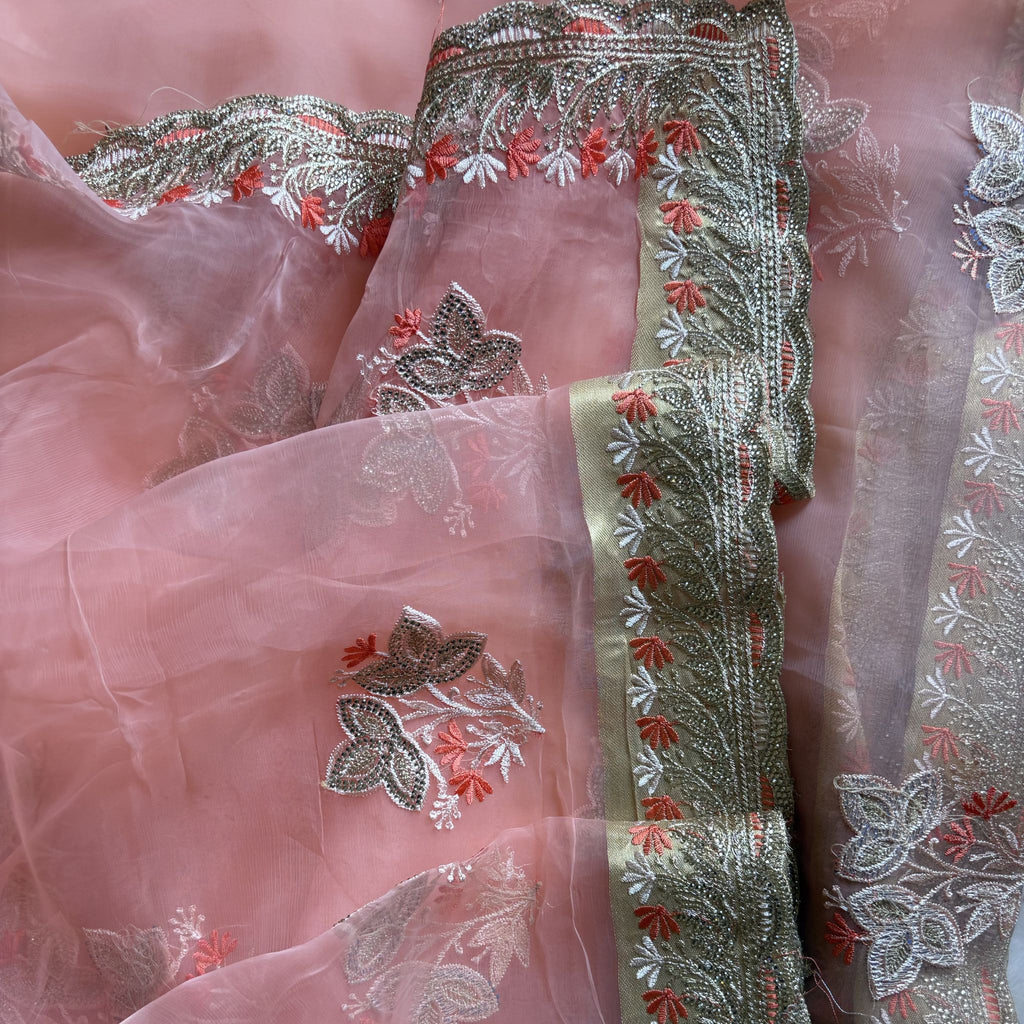 Peach Colour Floral Embroidered Organza