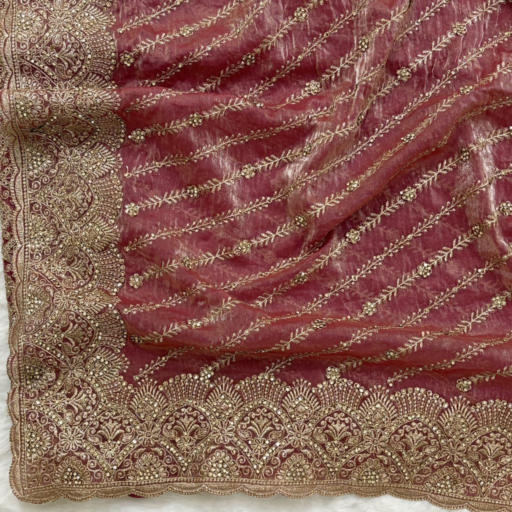 Pink Gold Embroidered Designer Saree