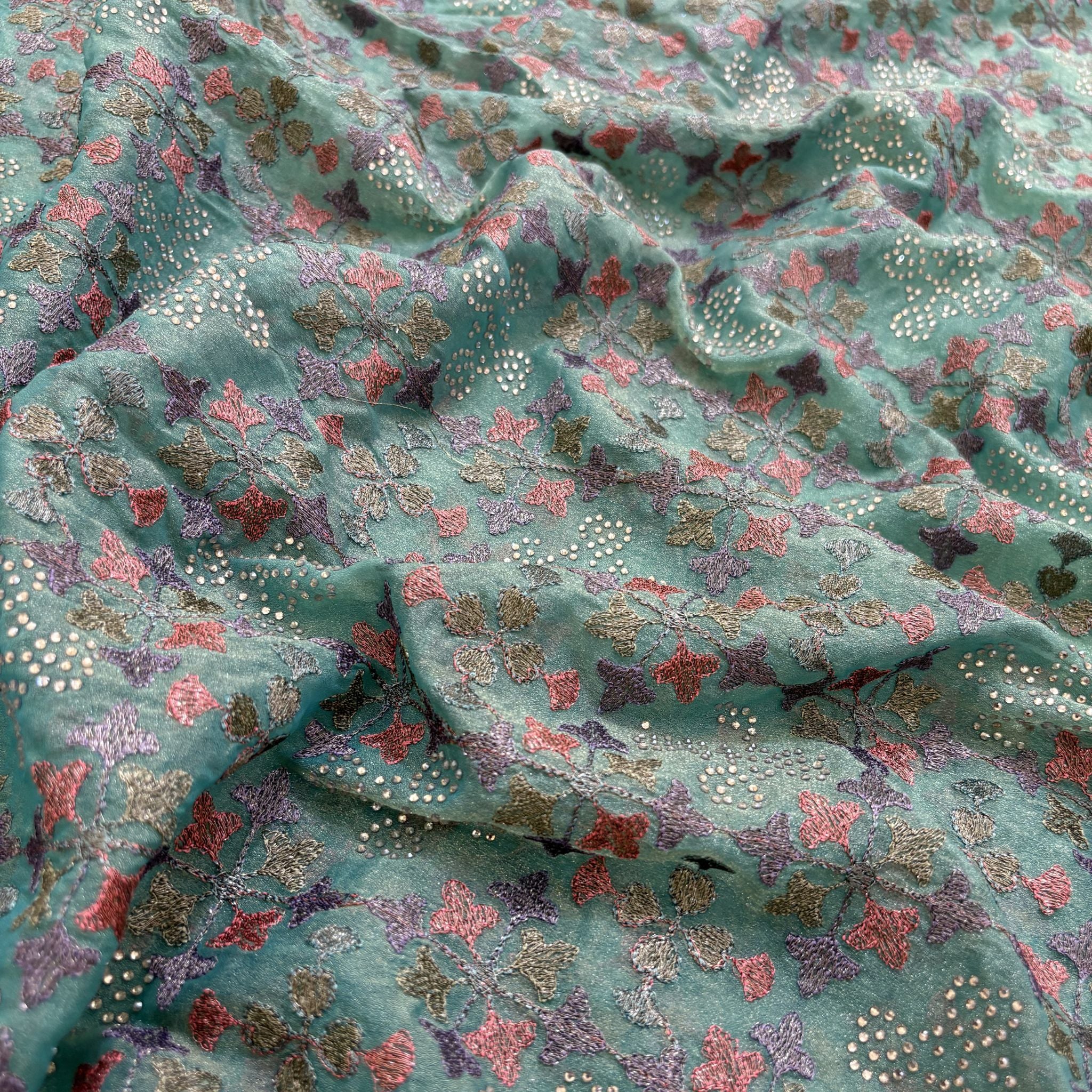 Sea Green Floral Zari Saree