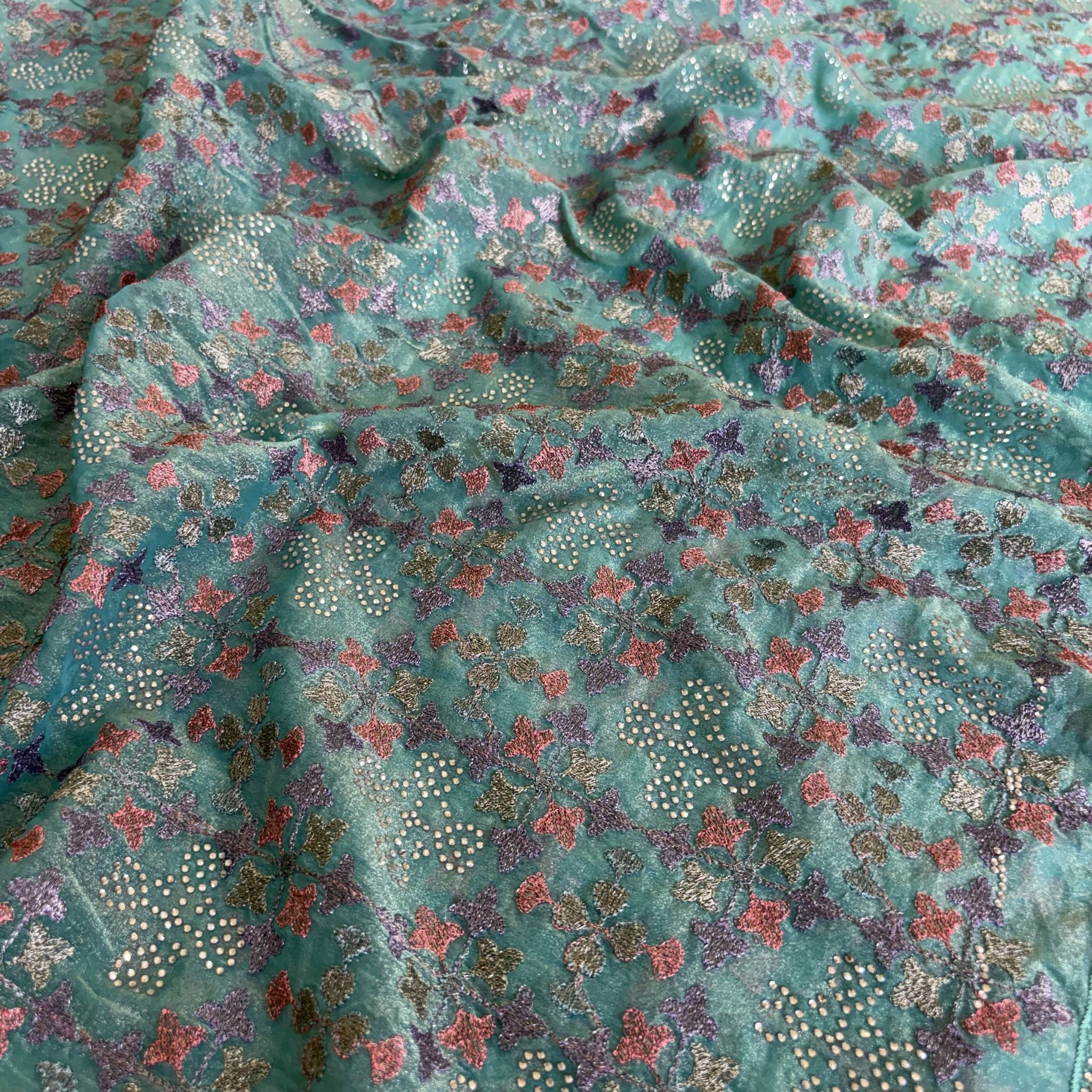 Sea Green Floral Zari Saree