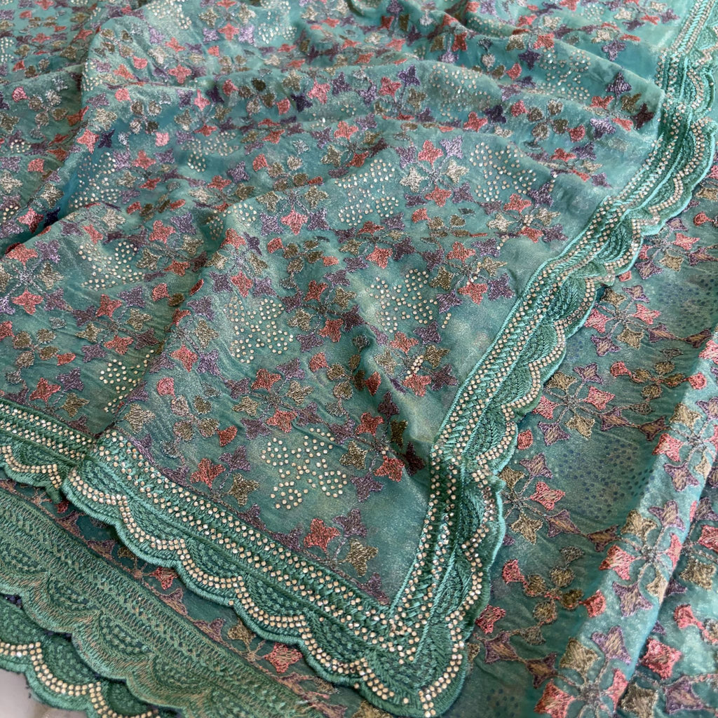 Sea Green Floral Zari Saree